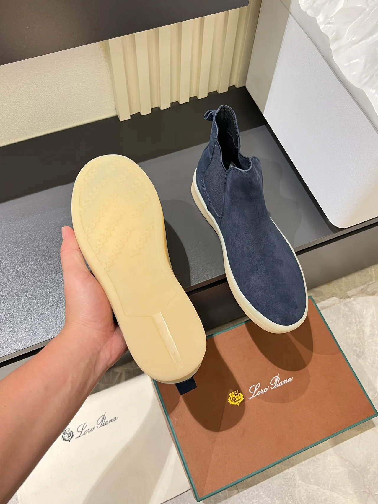 Navy Beige Suede Upper Elastic Side Gussets Chelsea Boots