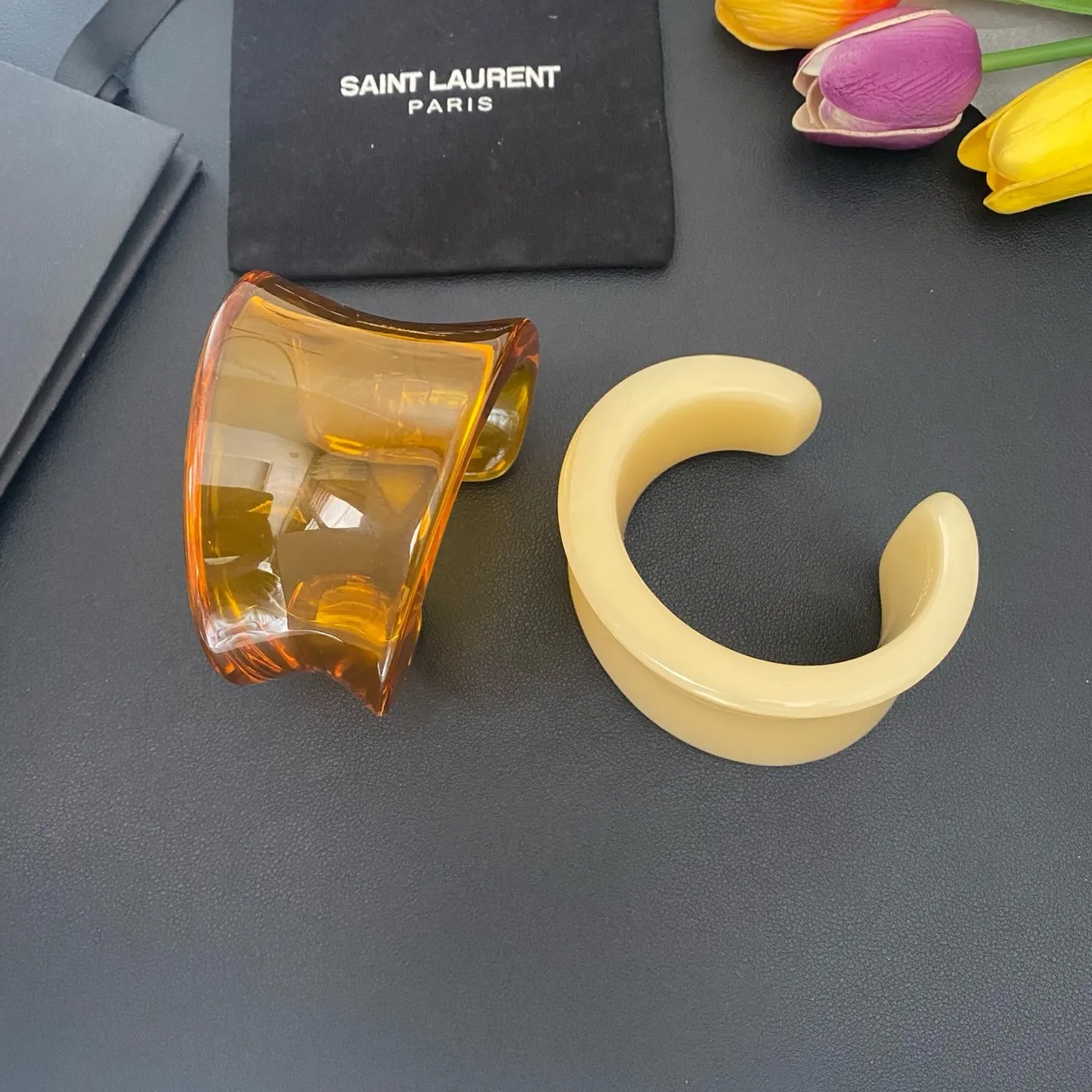 Saint Laurent Beige Orange Sculpted Resin Asymmetrical Cuff Bracelet