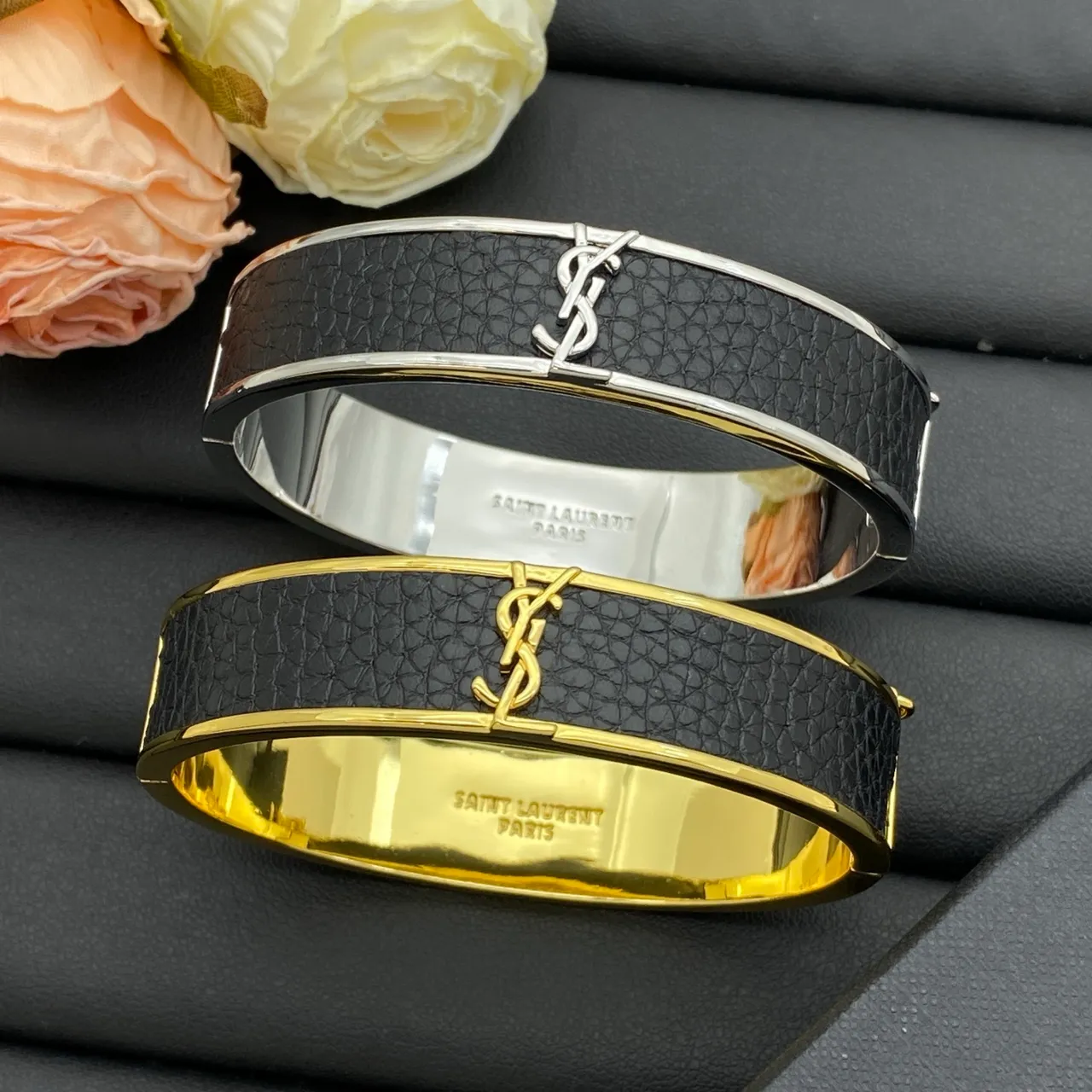 Saint Laurent Black Gold Monogrammed Leather-Inlay Bracelet