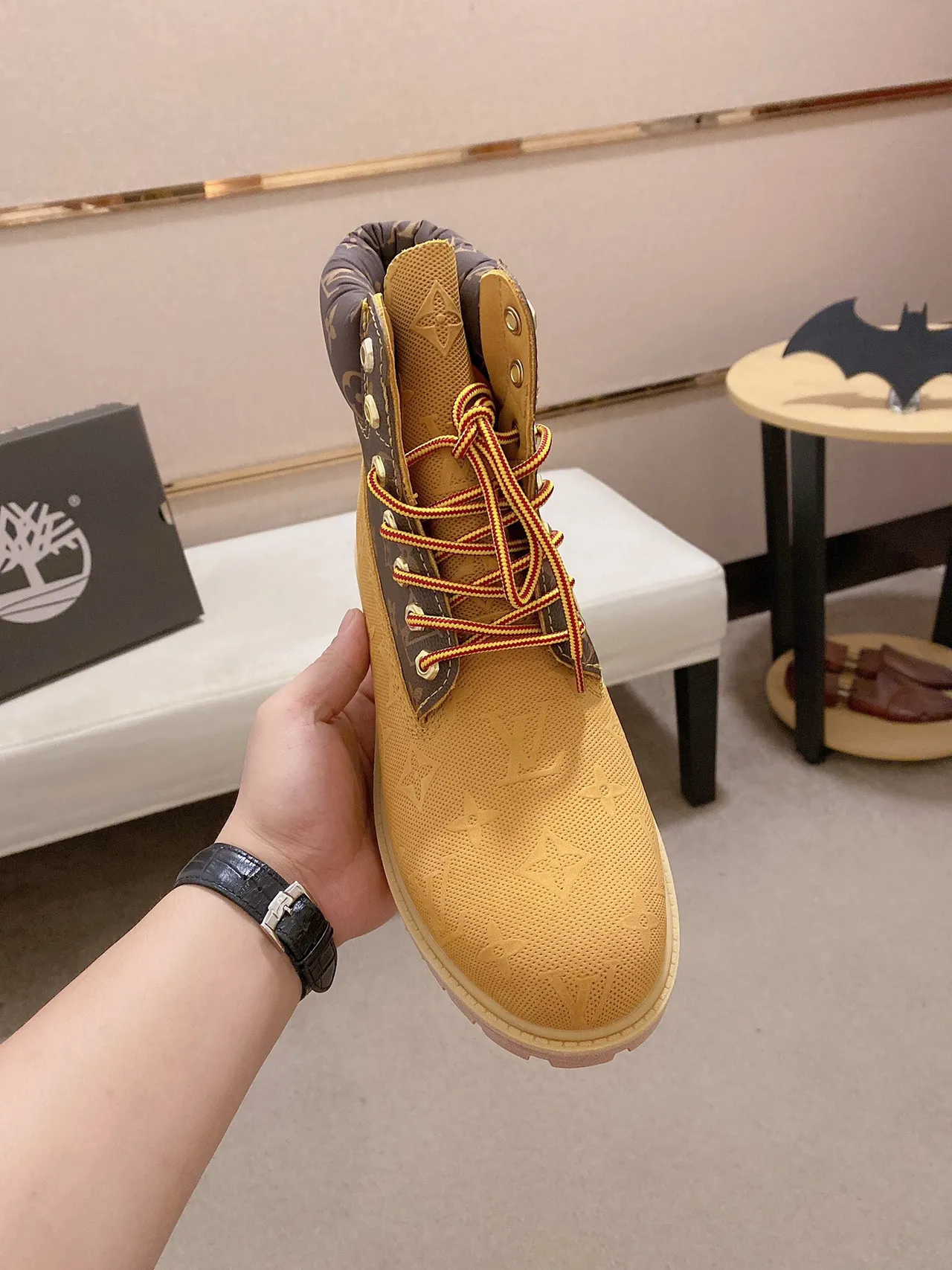 Timberland Yellow Brown Monogrammed Canvas Perforated Textile Upper Work Boots