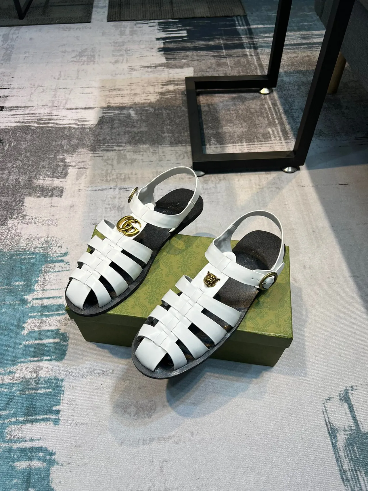 Gucci Gladiator Sandal White Gold Leather Strap Design Gladiator Sandals