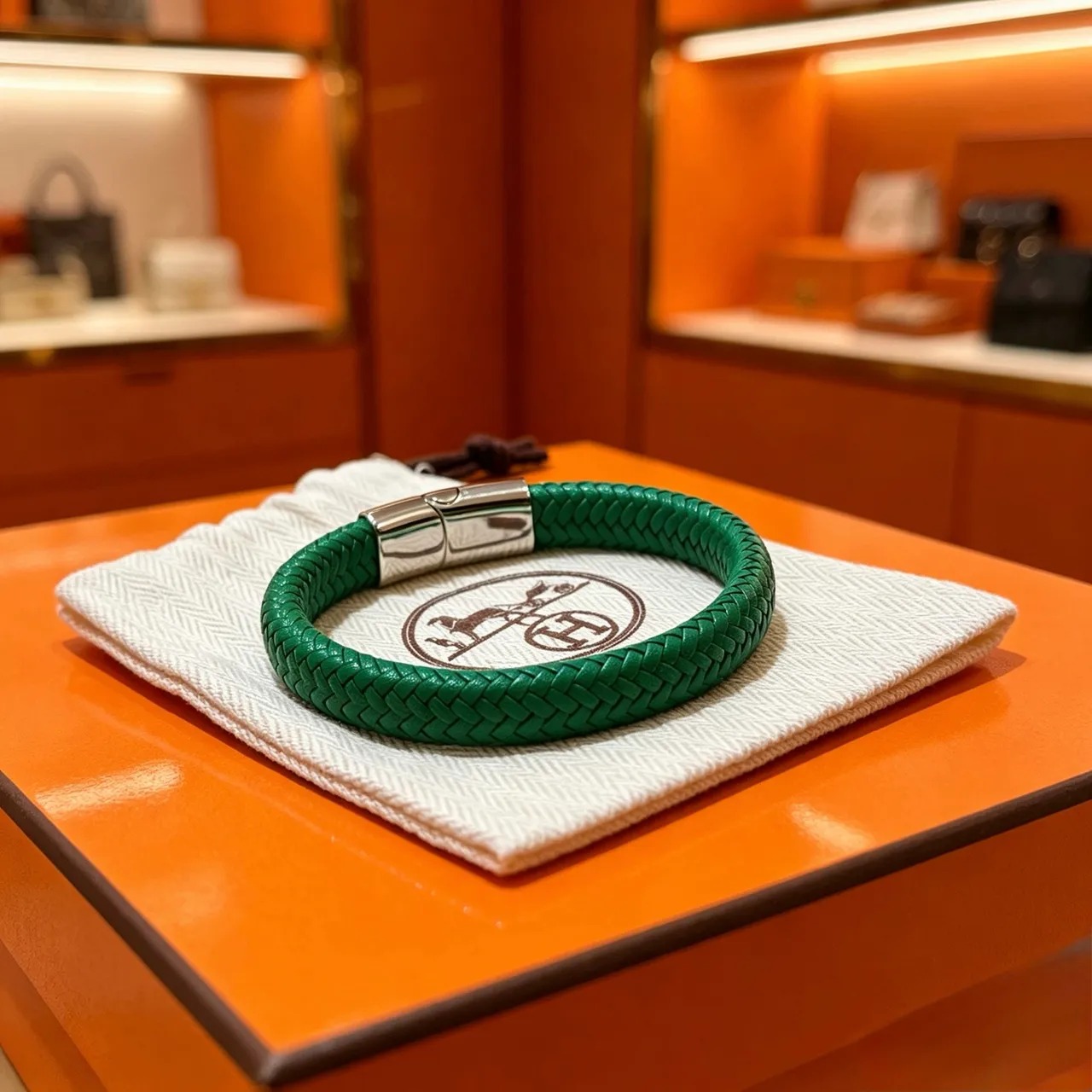 Hermès Green Silver Braided Leather Magnetic Clasp Bracelet