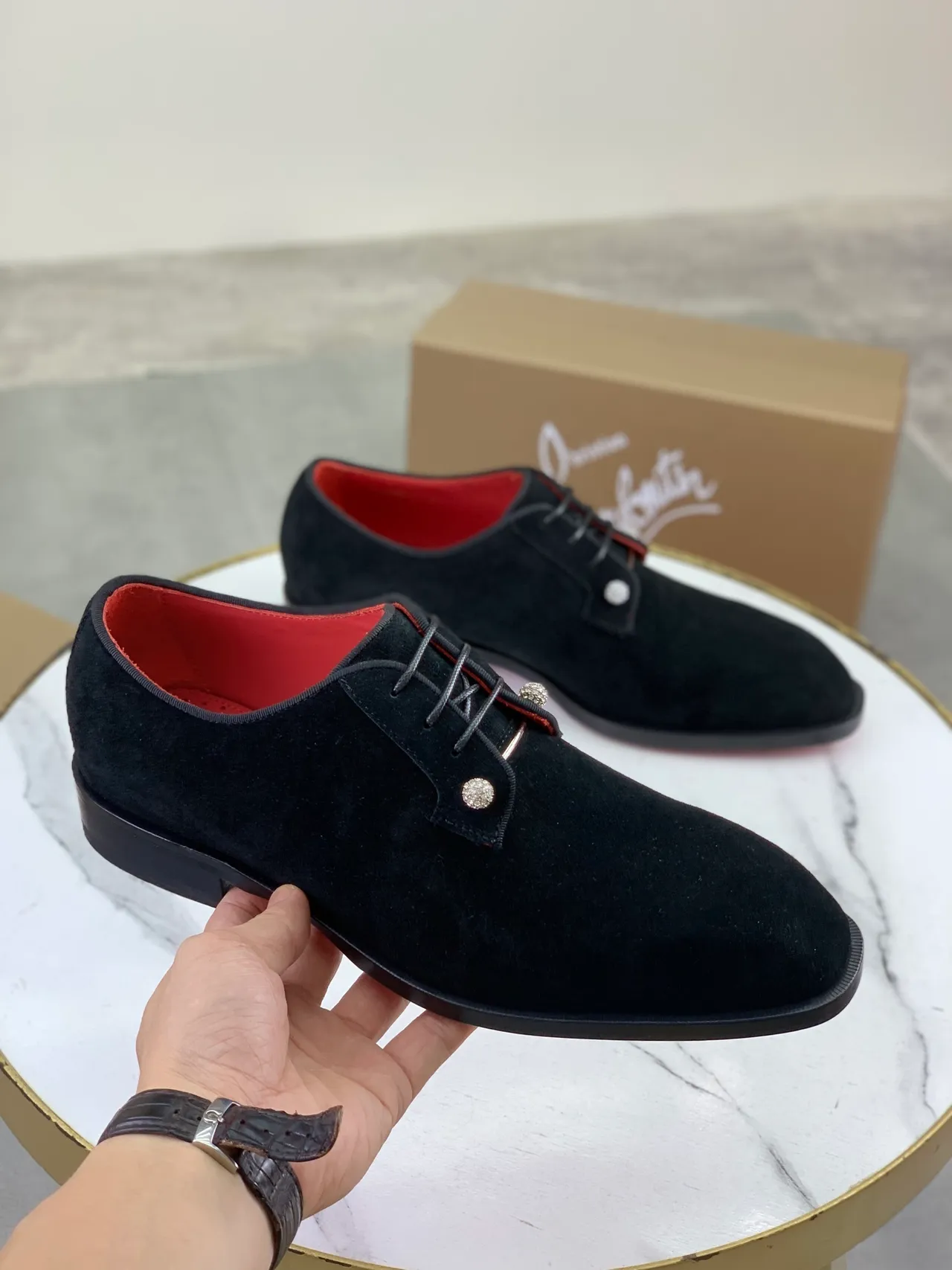 Christian Louboutin Black Red Suede Upper Interior Oxford Shoes