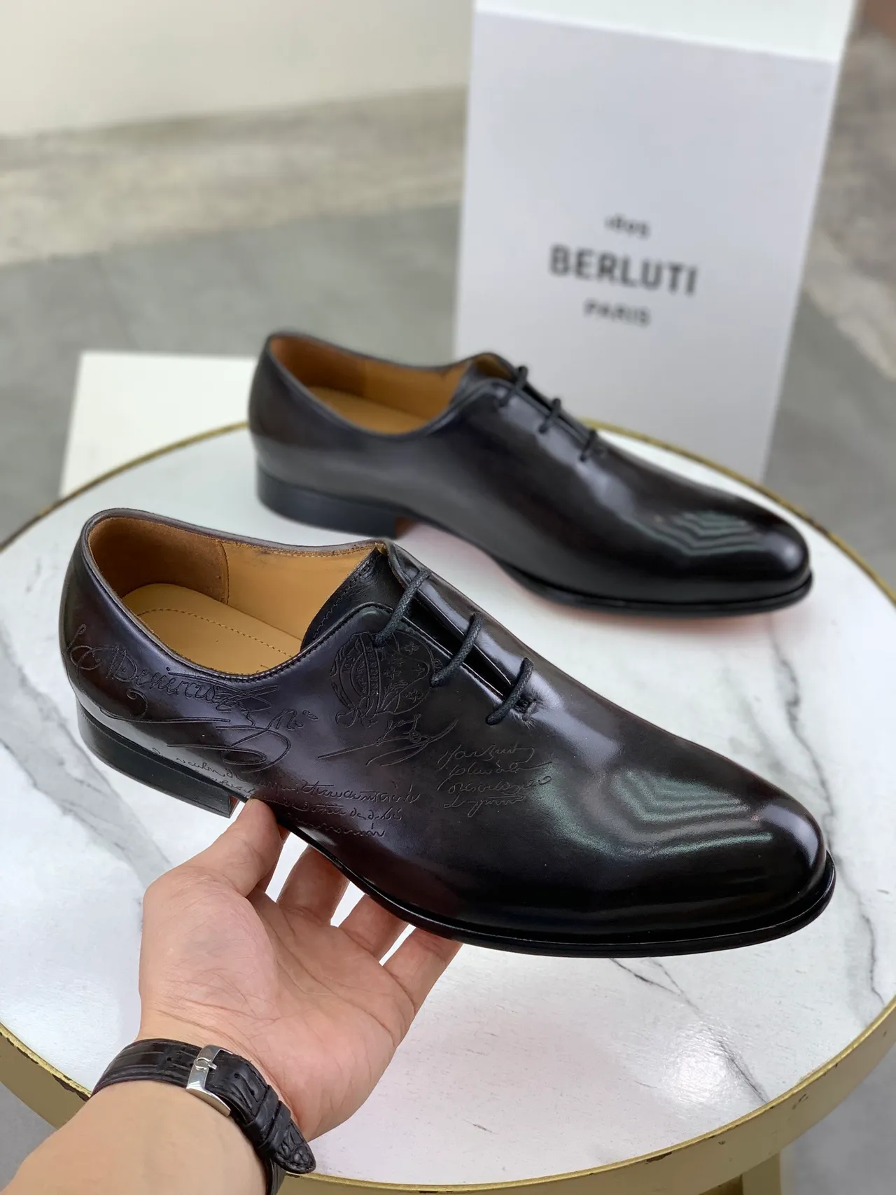 Berluti Engraved Script Black Oxford Shoes