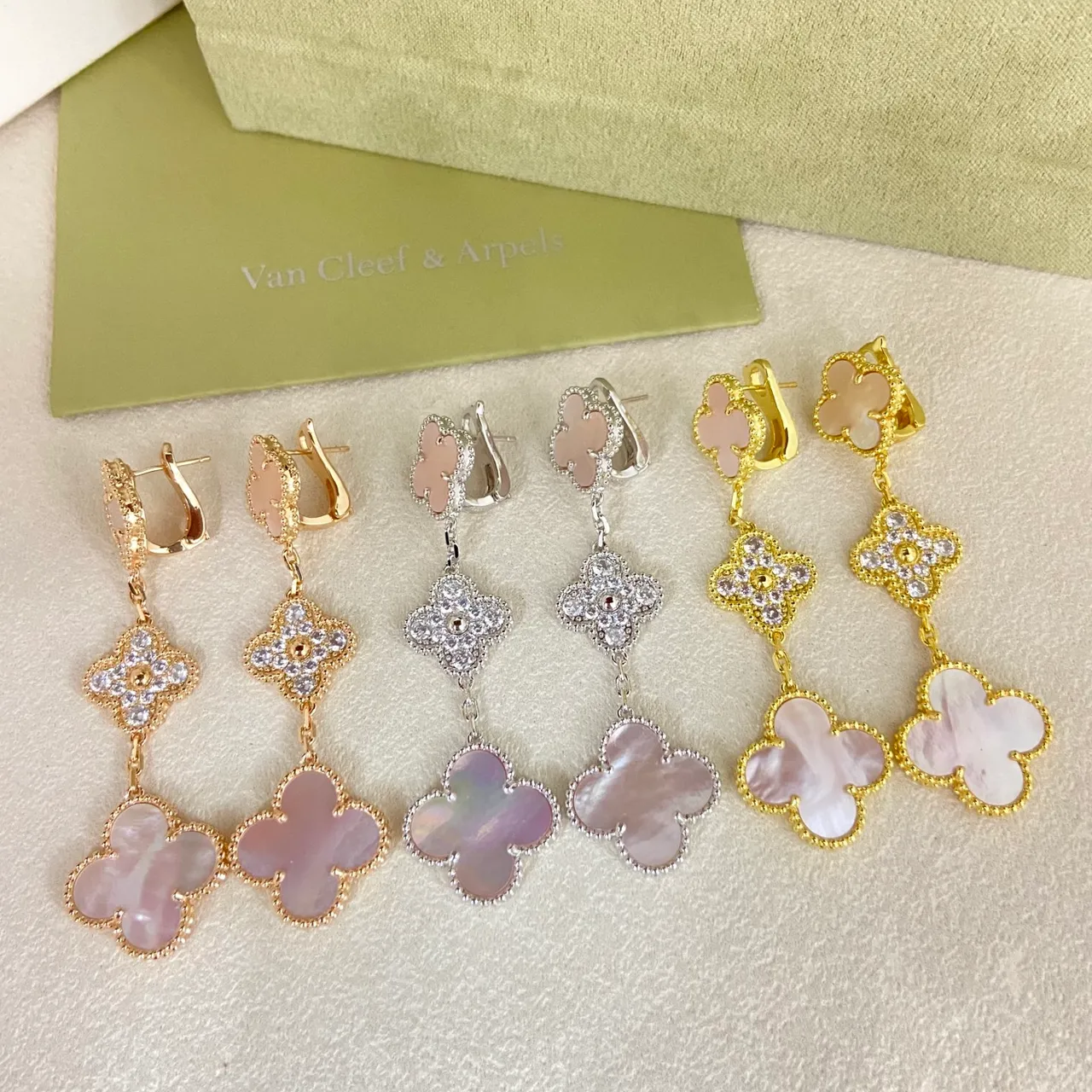 Van Cleef & Arpels Alhambra Multicolor Stone Inlay Dangling Earrings