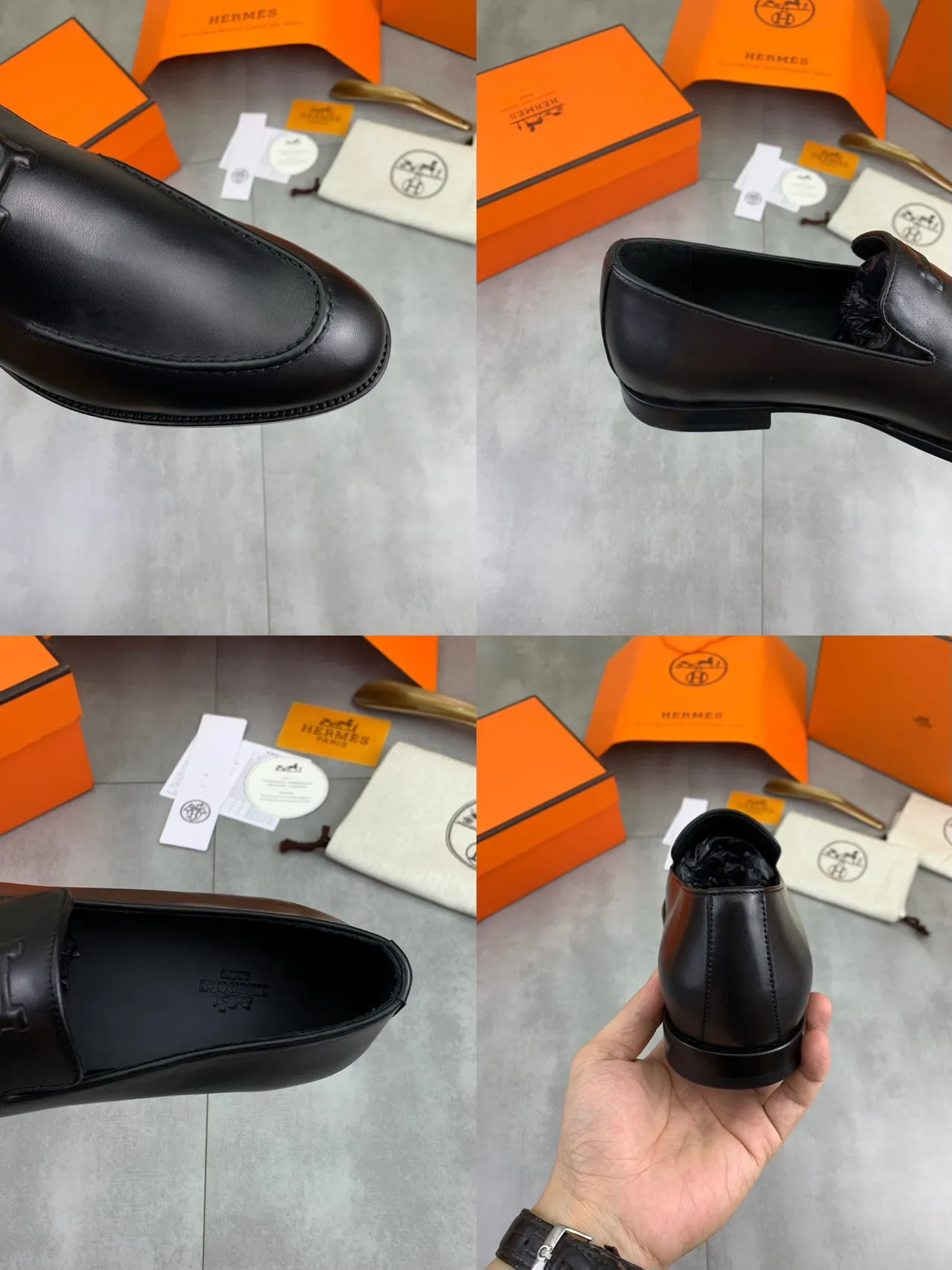 Hermès Oran Black Leather H-Logo Loafers