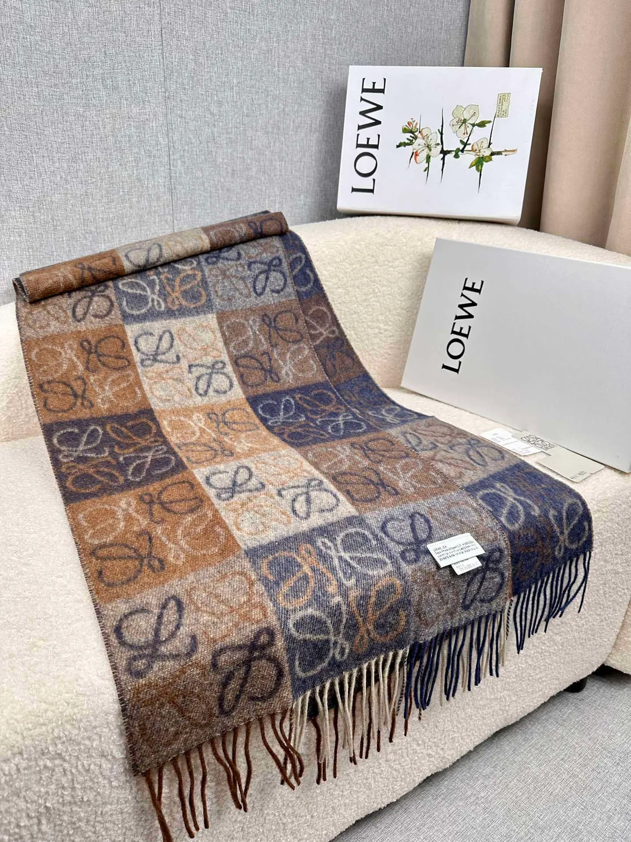 Loewe Monogram Jacquard Navy and Beige Cashmere Scarf