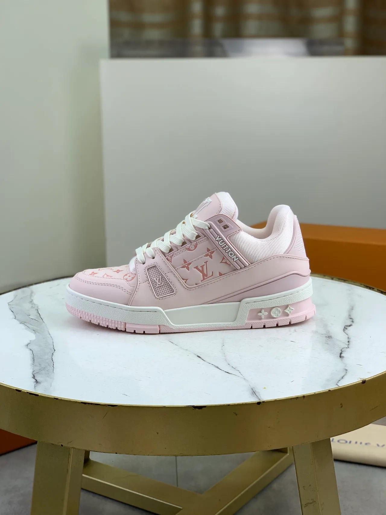 Louis Vuitton LV Trainer Pink White Monogrammed Leather Layered Heel Cage Lifestyle Sneakers