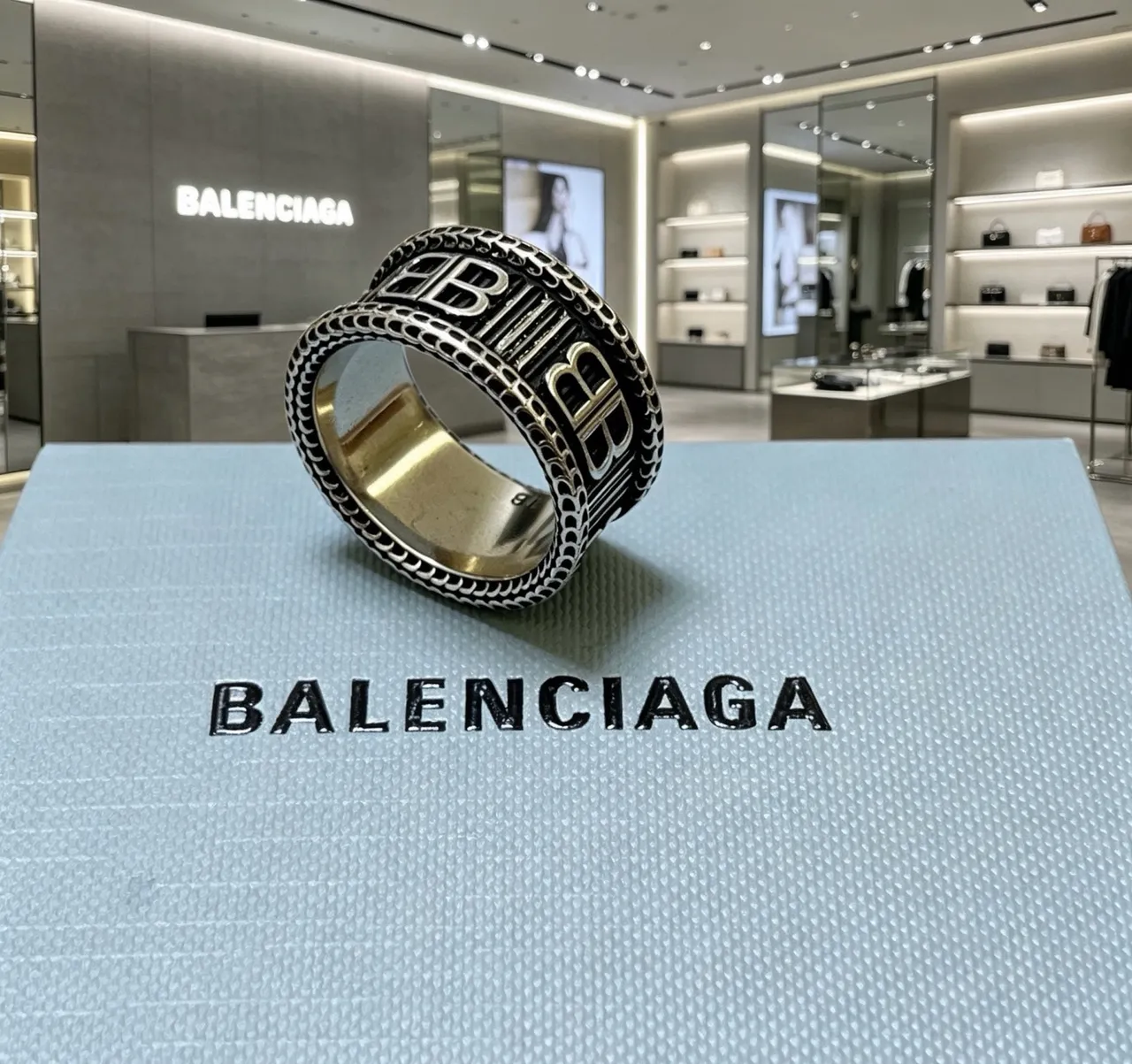Balenciaga Logo Ring Silver Black Wide Band Engraved Ring