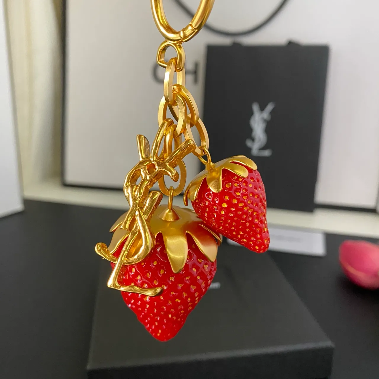 Saint Laurent Strawberry Keychain Red Gold Resin Charms Metal YSL Monogram Bracelet