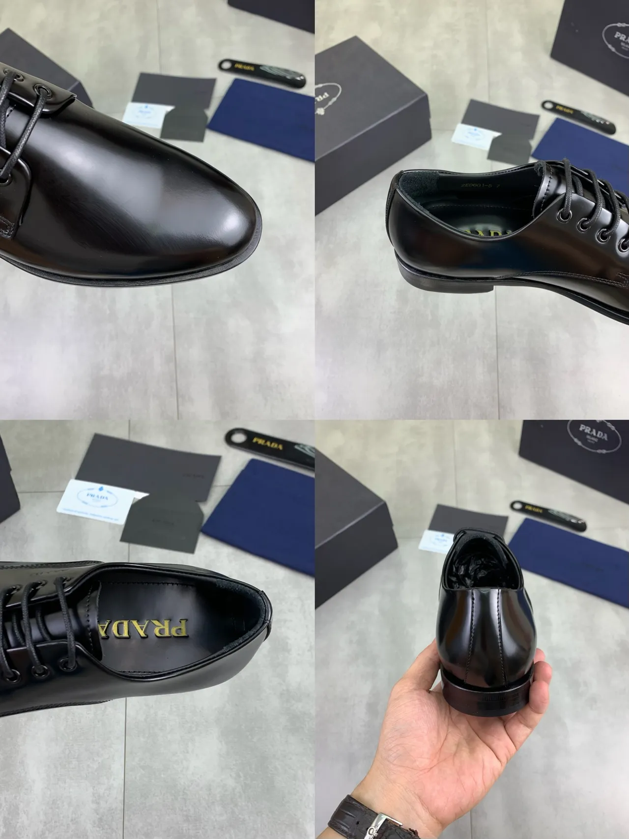 Prada Black Polished Leather Cap Toe Oxford Shoes