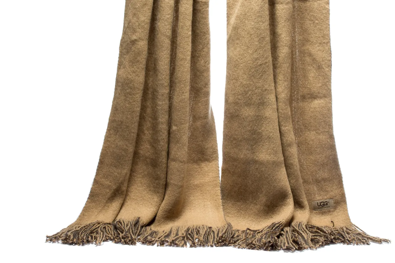 UGG Beige Brown Wool-Like Knit Two-Tone Fringe Cashmere Scarf