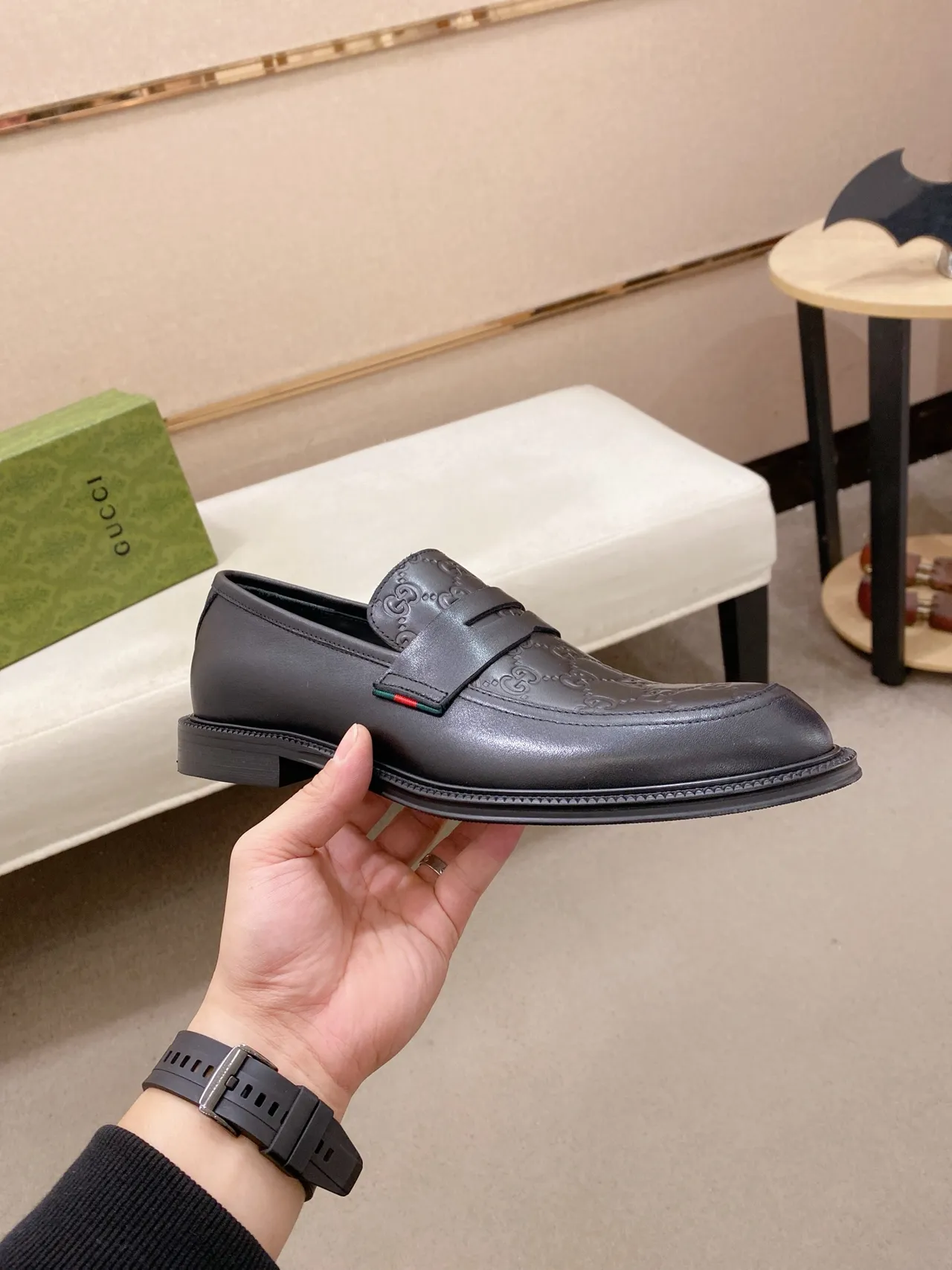 Gucci GG Marmont Loafer Black Leather Web-Trimmed Loafers