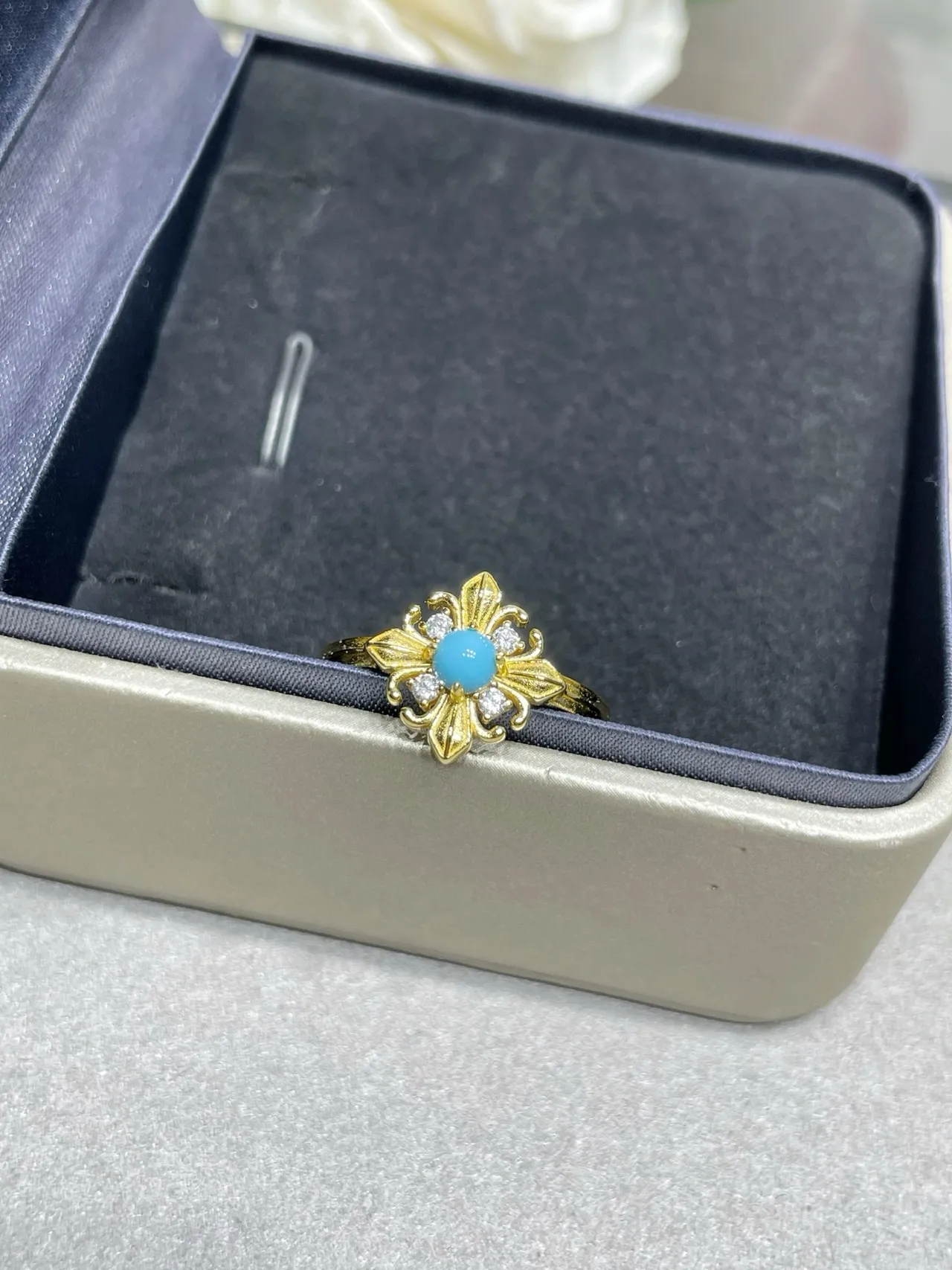Gold Blue Floral Filigree Turquoise Cabochon Center Ring