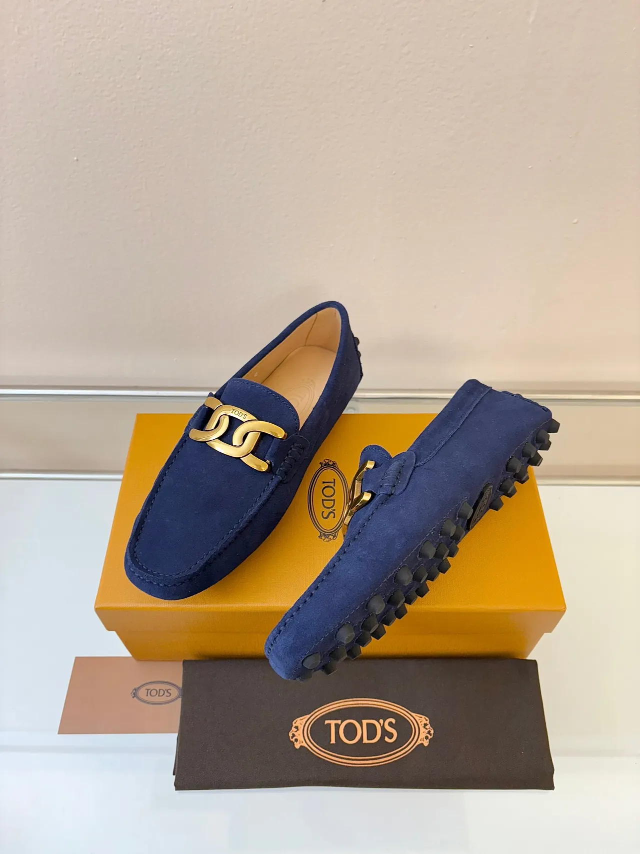 Tod's Double G Loafer Navy Suede Gold Buckle Loafers