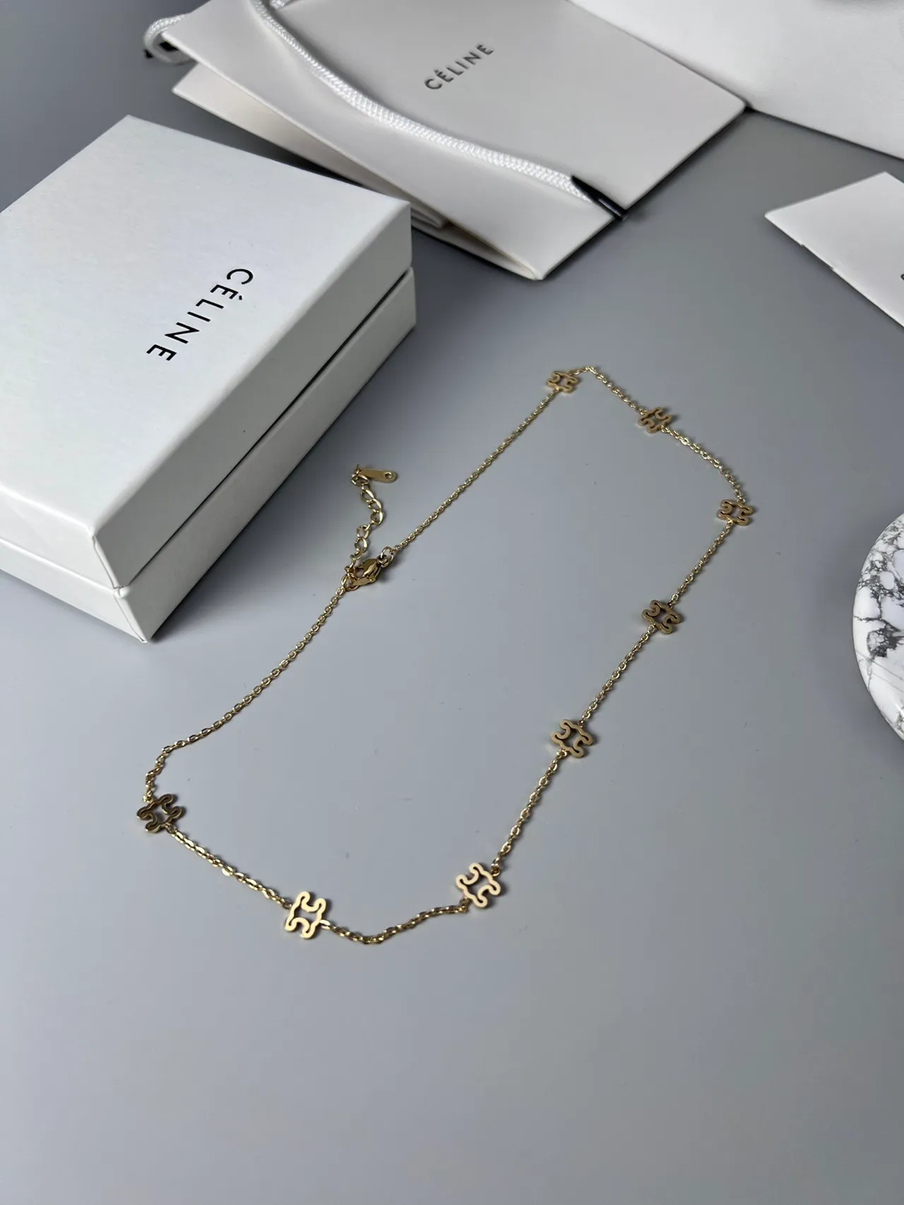Celine Triomphe Puzzle Motif Gold and Black Enamel Necklace