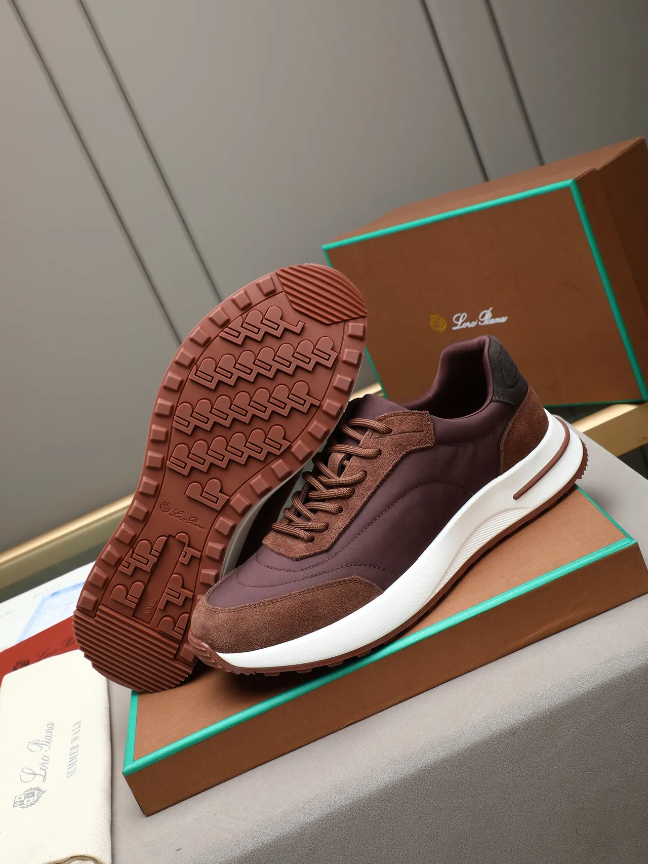 Loro Piana Burgundy and Brown Suede-Nylon Lifestyle Sneaker