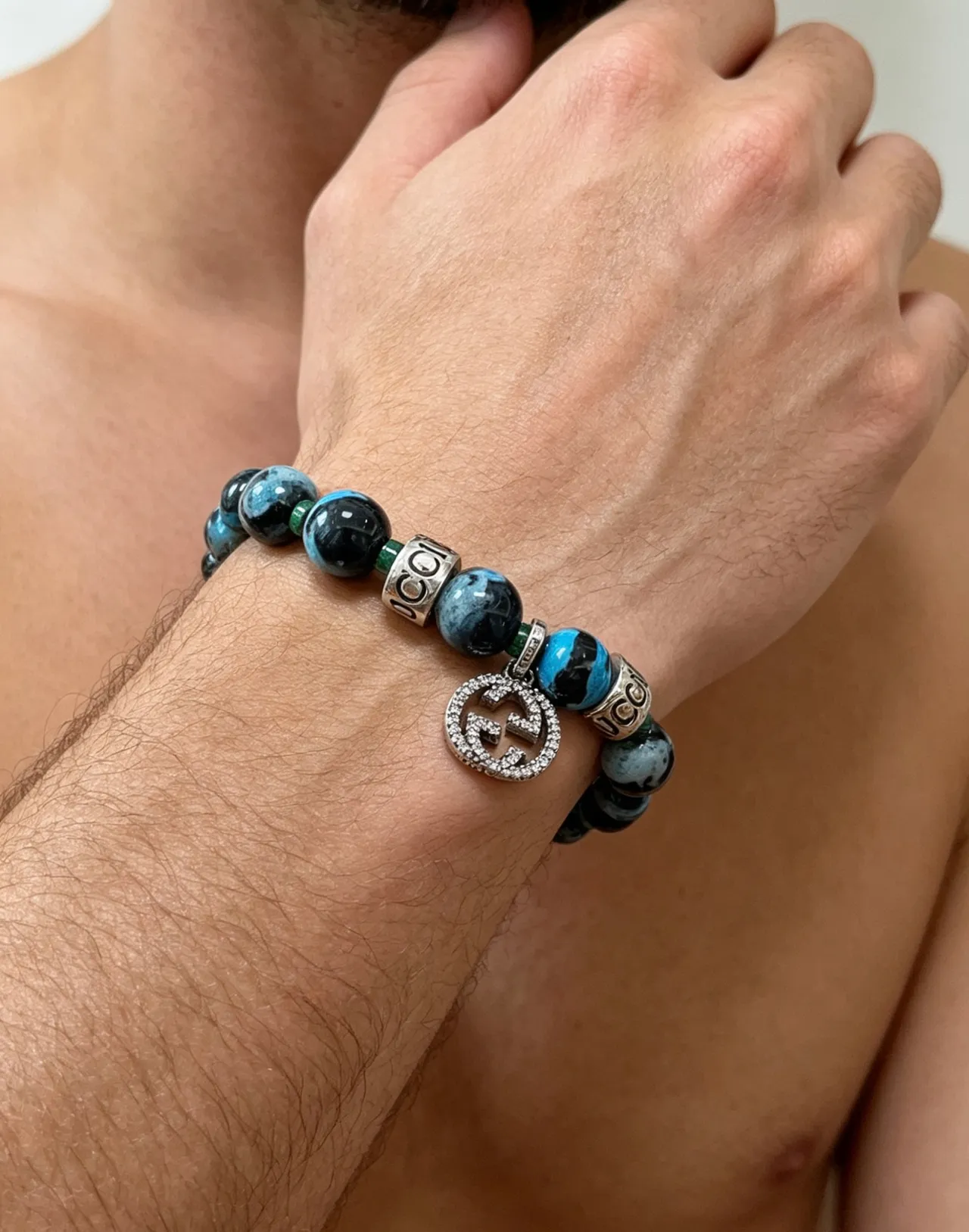 Gucci Blue Black Marbled Agate-Style Beads Pavé Crystal GG Charm Bracelet