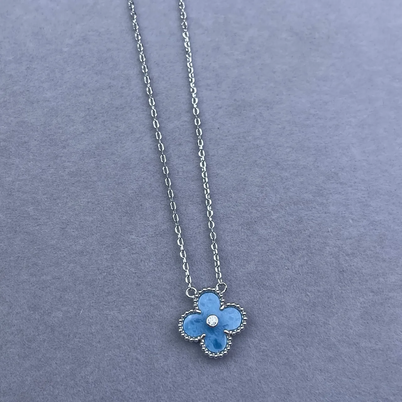 Blue Enamel Four-Petal Flower Pendant Necklace