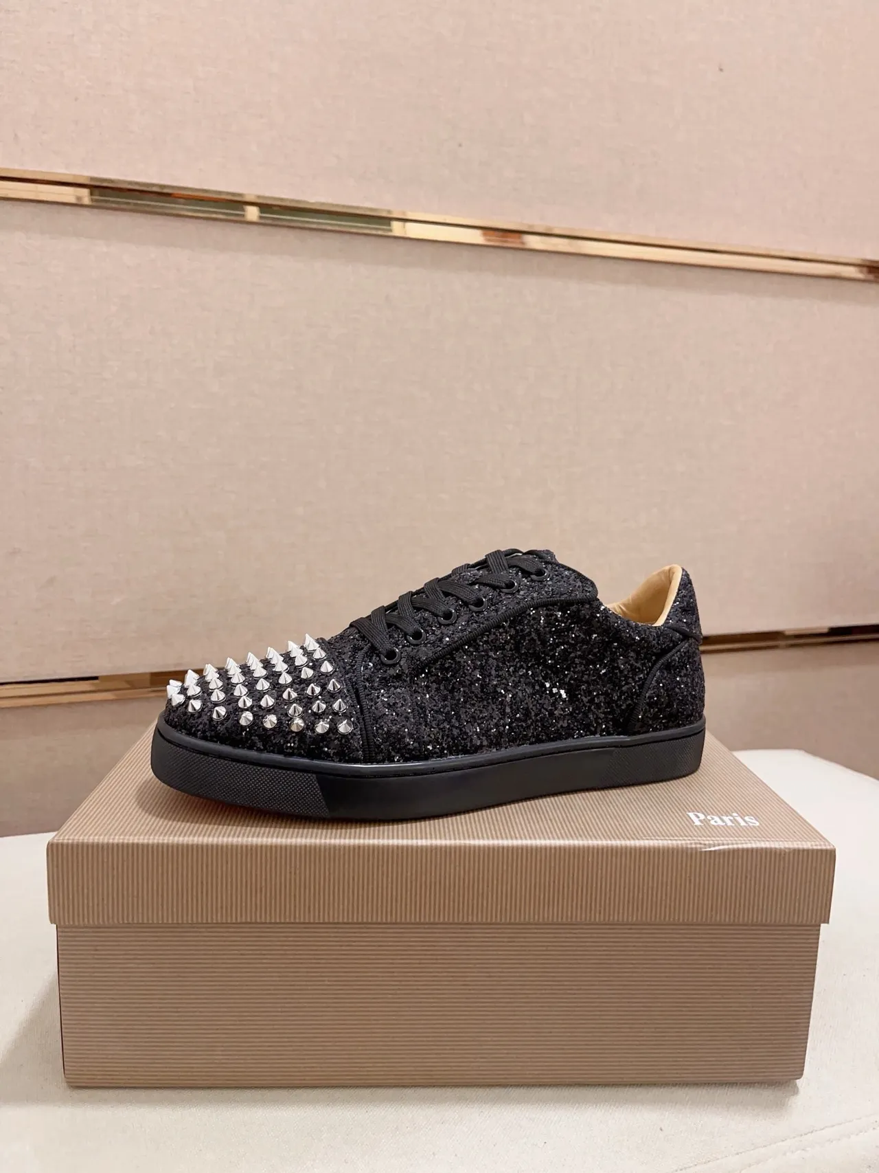 Christian Louboutin Black Silver Glitter Upper Spiked Toe Cap Lifestyle Sneakers