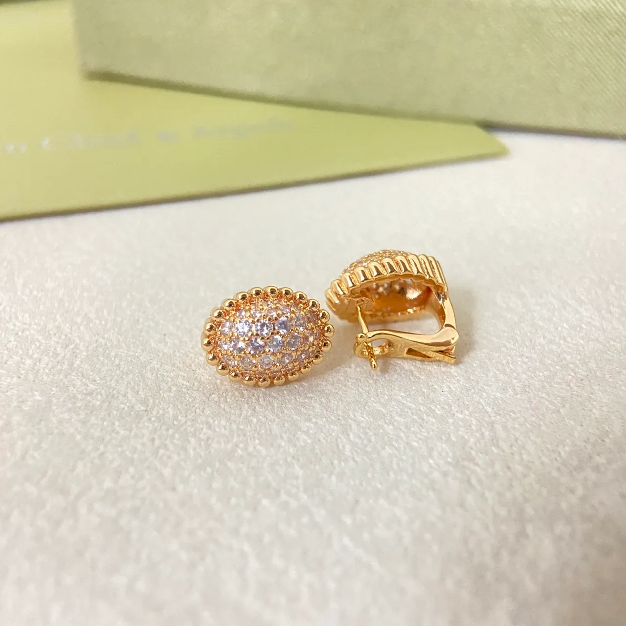 Van Cleef & Arpels Gold Silver Oval Pavé Studs Beaded Border Edge Earrings