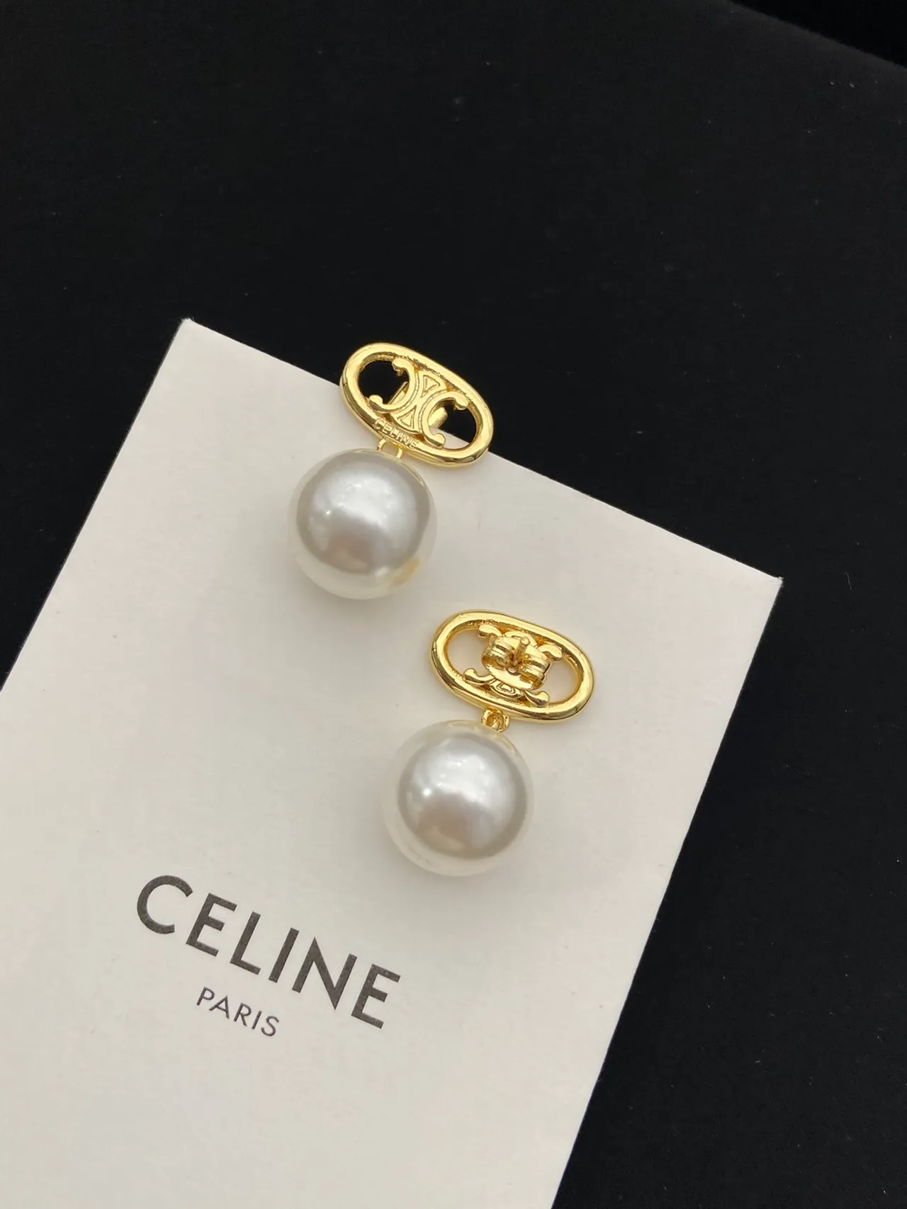 Celine Triomphe Gold White Chain Oval Logo Pendant Necklace