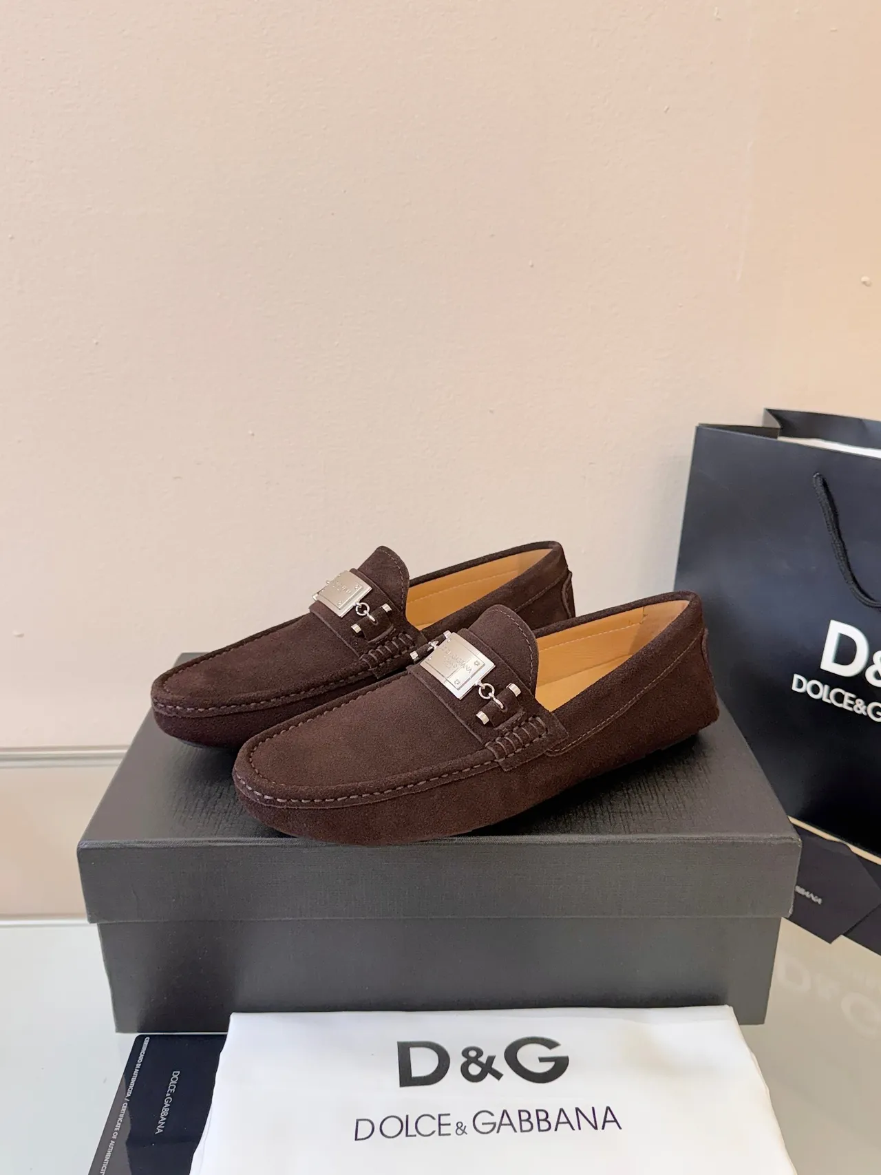 Dolce & Gabbana Portofino Brown Gold Suede Upper Metal Horsebit Buckle Loafer