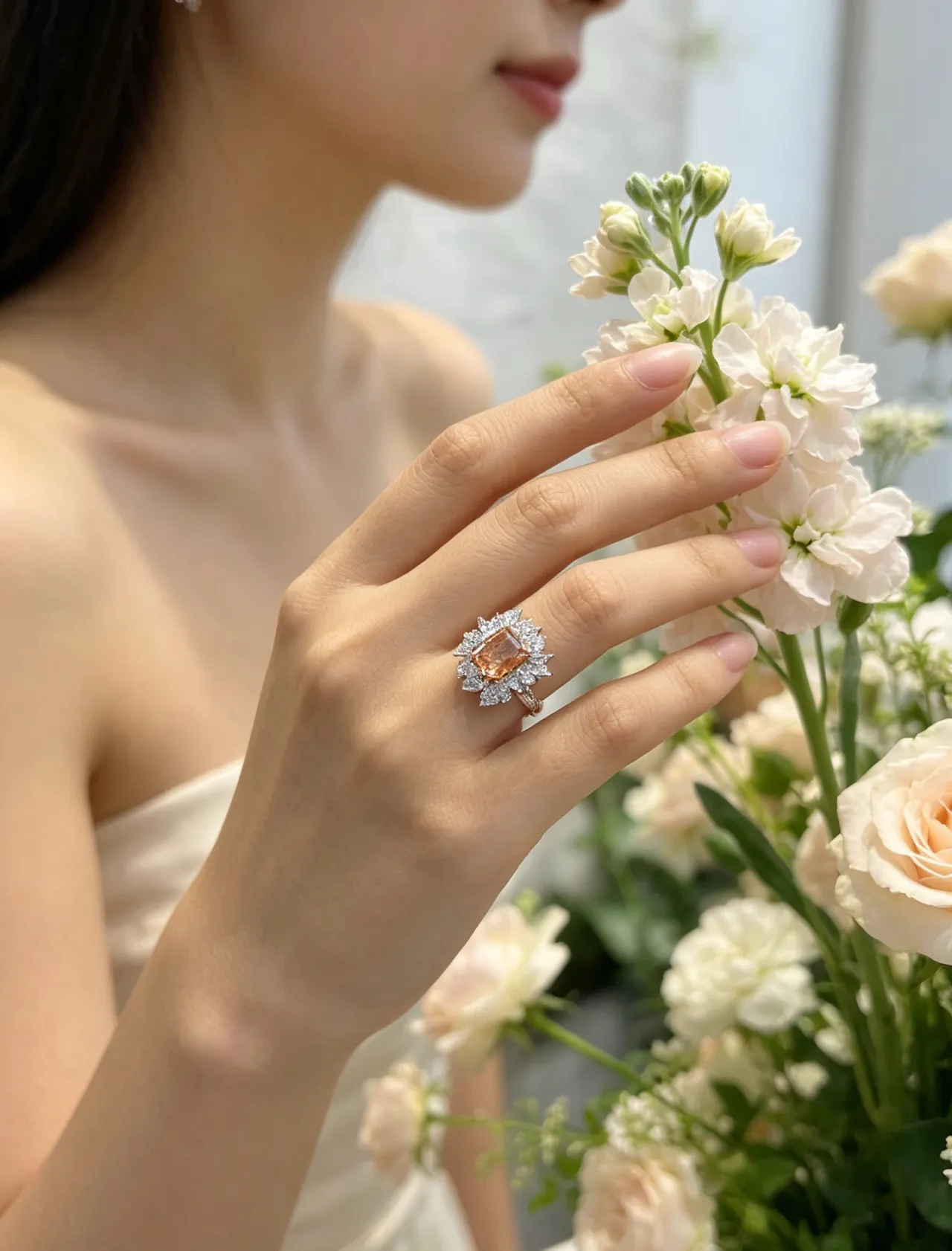 Orange Silver Floral Halo Setting Cushion-Cut Center Ring