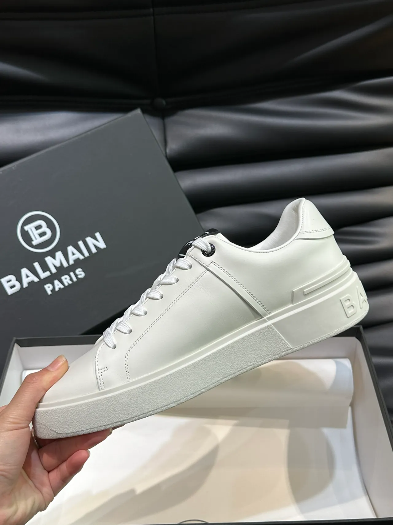 Balmain White Black Leather Upper Cursive Logo Lifestyle Sneakers