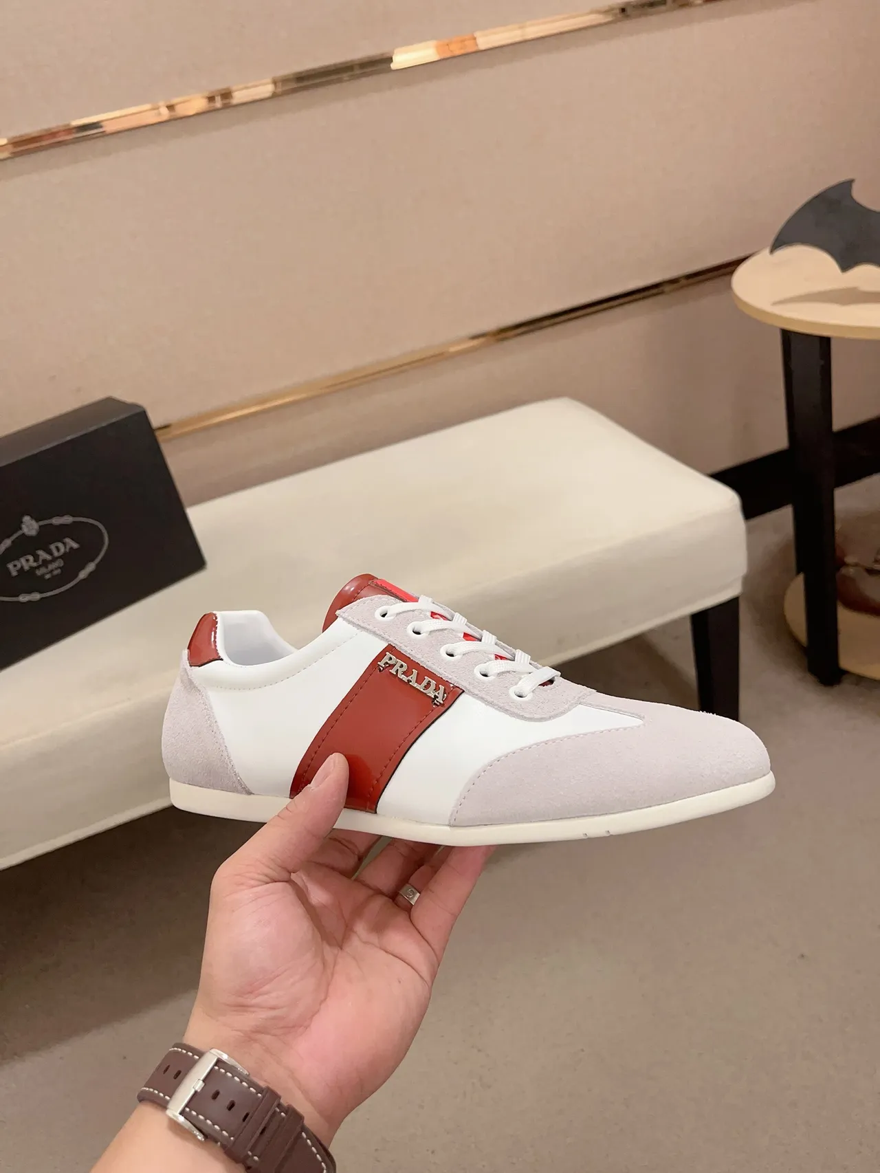 Prada White Red Low-Top Suede And Leather Panelled Lifestyle Sneakers