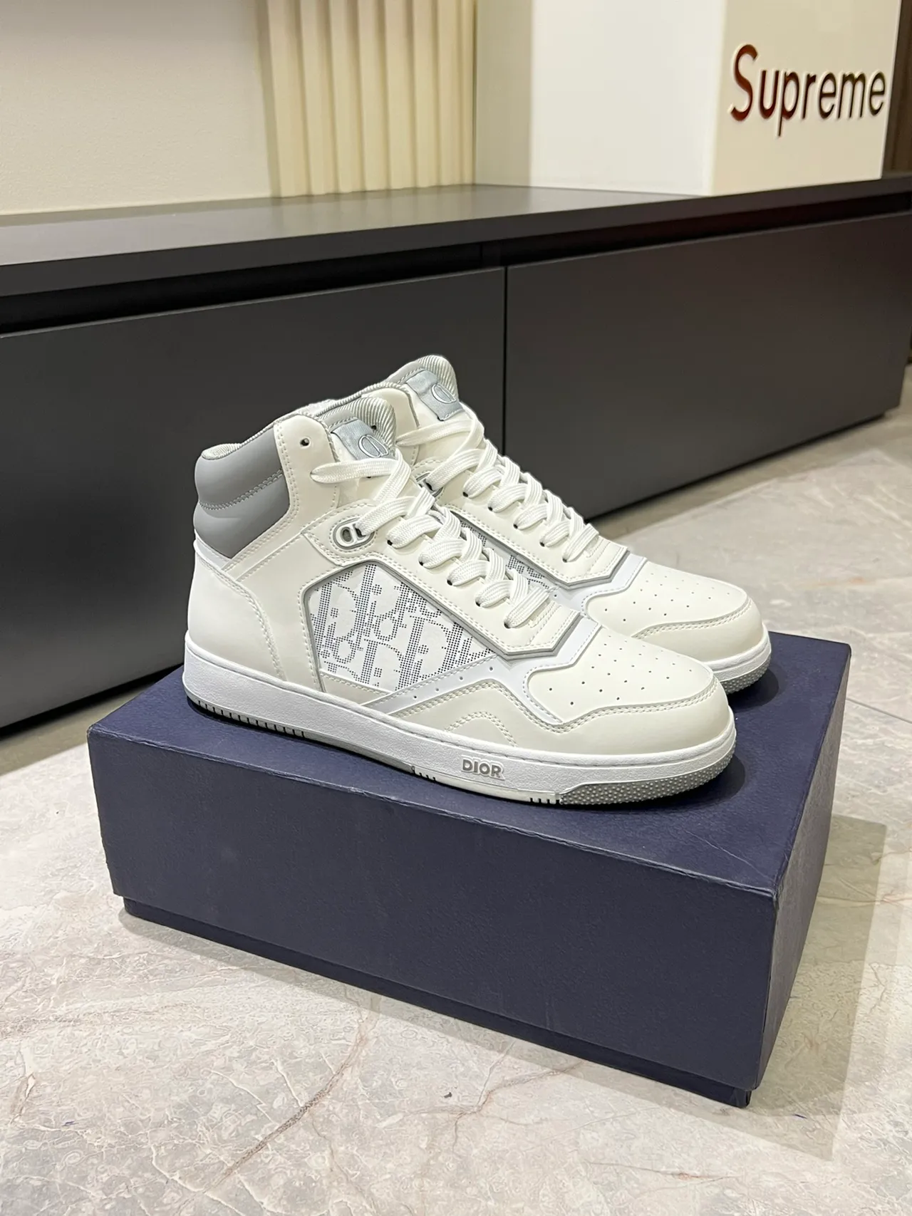 Dior B23 White and Gray Monogram High-Top Lifestyle Sneakers