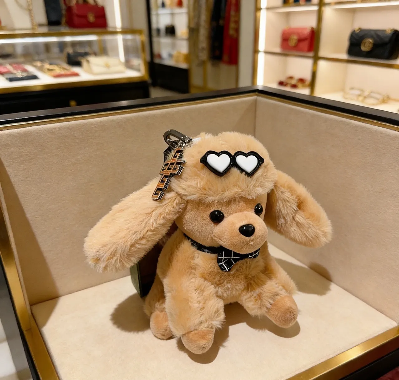 Gucci Beige Black Plush Dog Silhouette Checkered Bow Tie Phone Accessory
