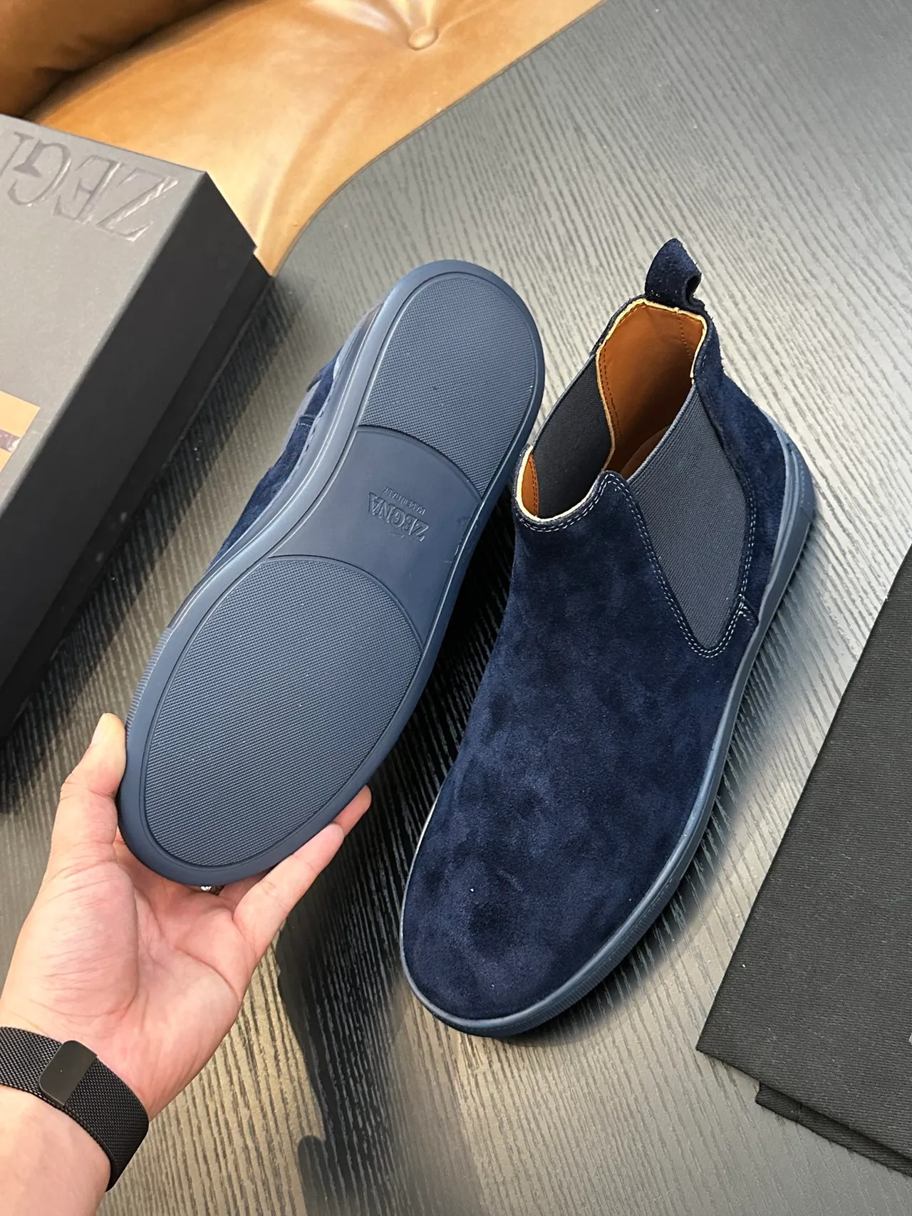 Zegna Navy Suede Chelsea Boots