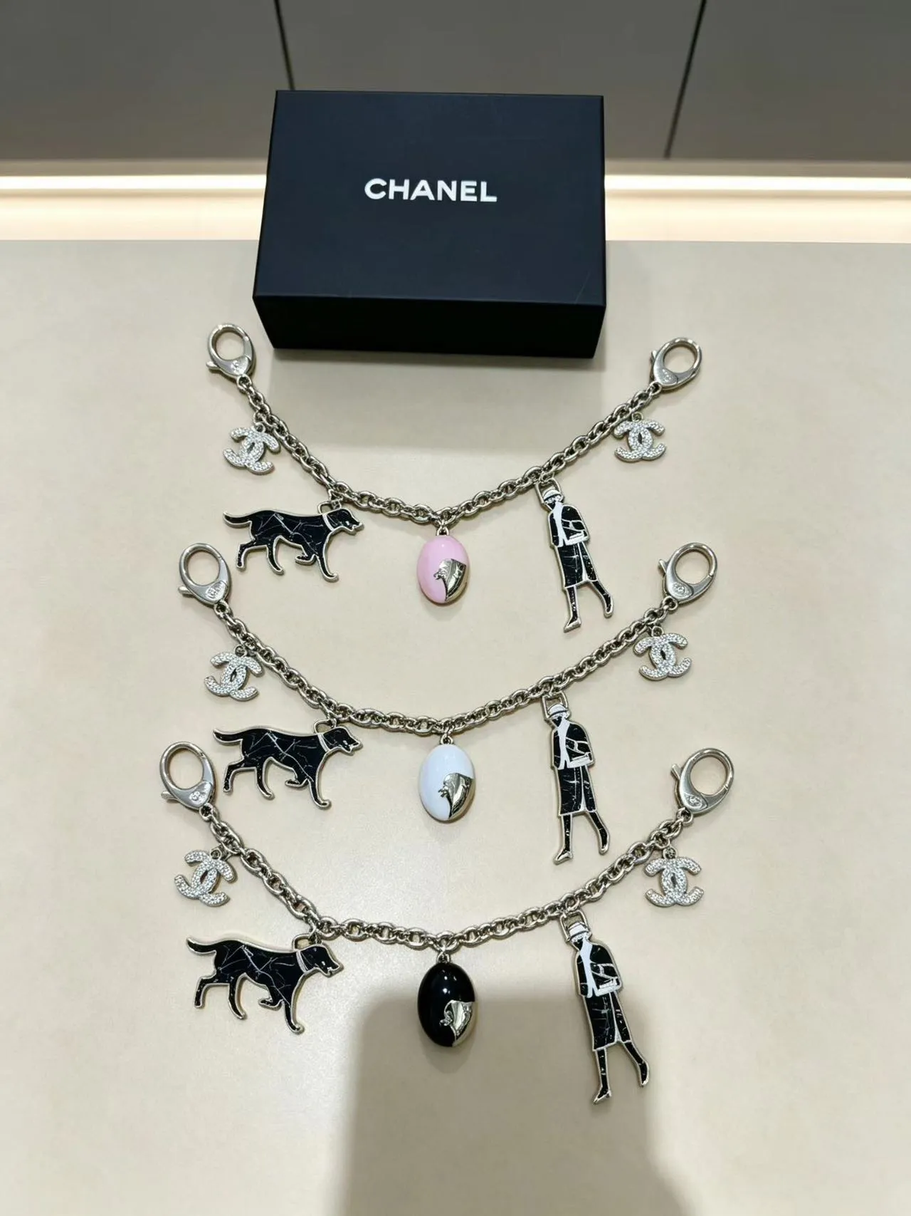 Chanel Charms Bag Charm Set Gold Tone Black White Pink Enamel Bracelets