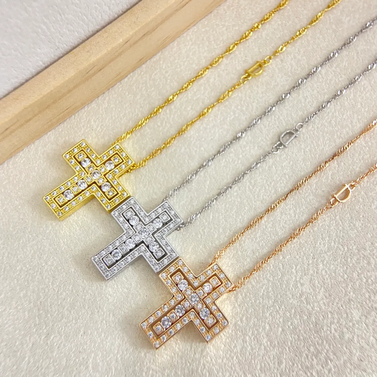 Gold Multicolor Geometric Cross Pendant Pavé-Set Gemstones Necklace