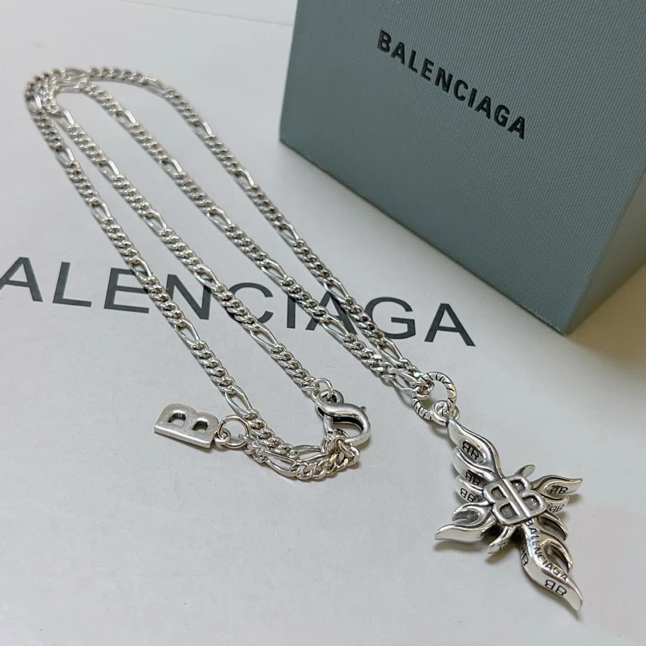 Balenciaga Flame BB Pendant Silver Chain Necklace