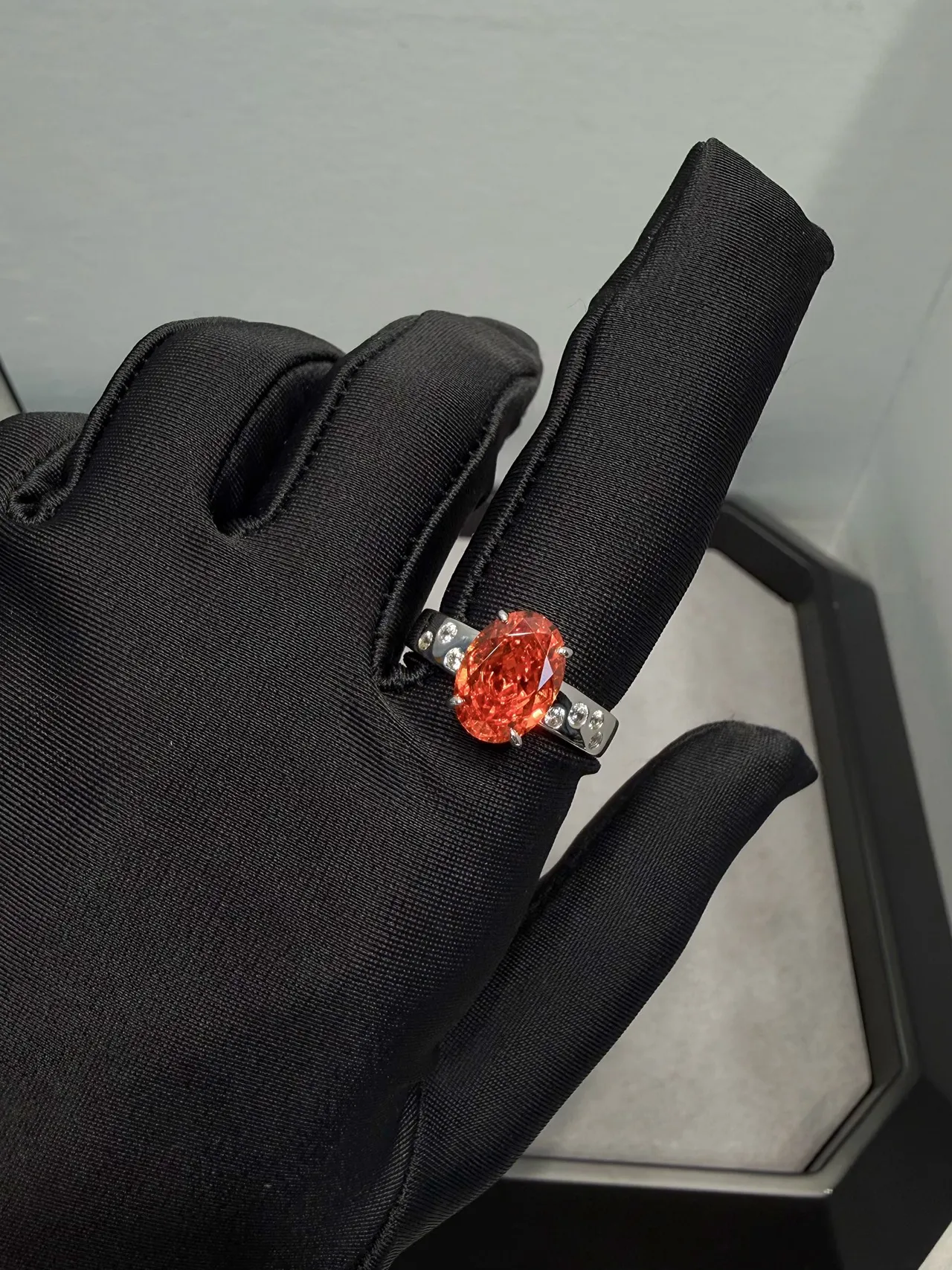 Orange Silver Oval-Cut Center Stone Four-Prong Solitaire Setting Ring