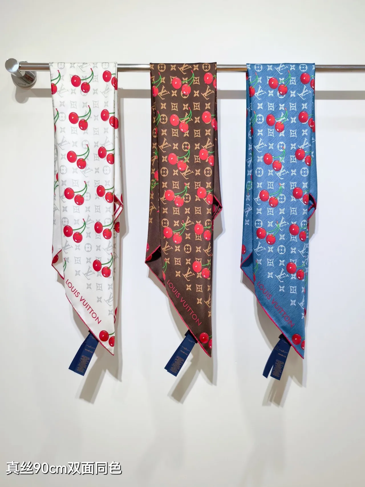 Louis Vuitton LV x TM Monogram Cerise White Red Square Cherry Print Silk Scarf
