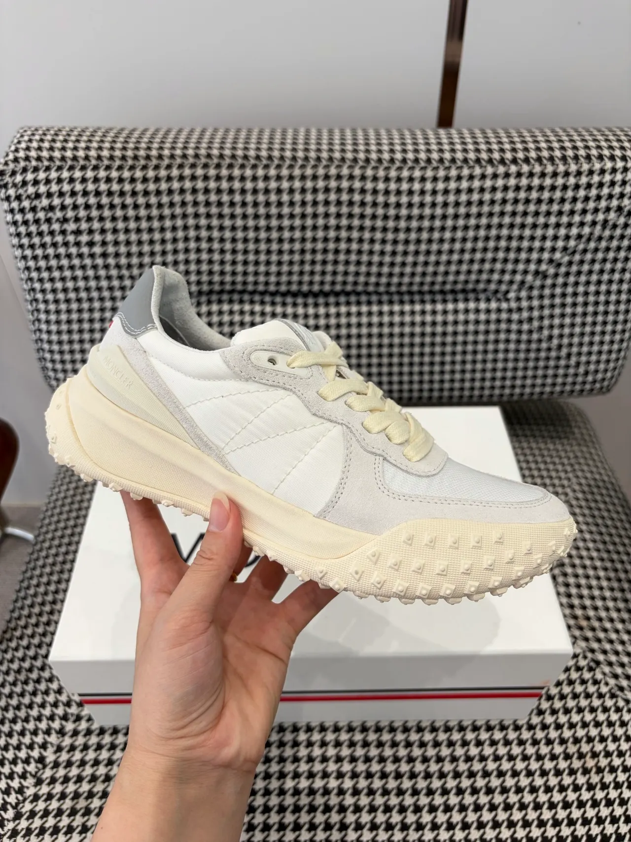 Moncler Beige Gray Off-White Monochrome Quilted Paneling Sneakers