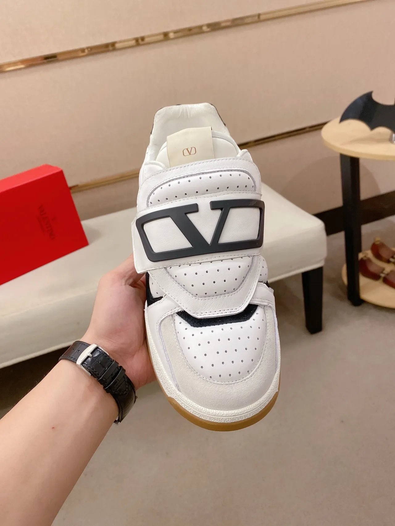 White Black Strap-and-Buckle Closure Perforated Leather Upper Sneakers