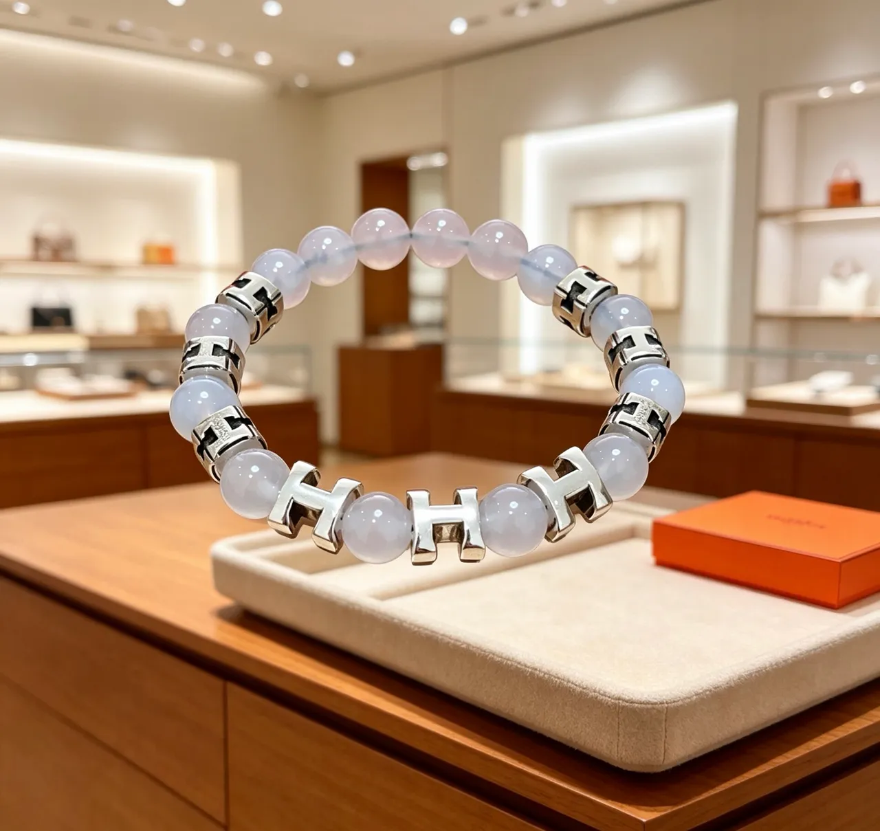 Hermès Beige Silver Beaded H-Motif Charms Bracelet