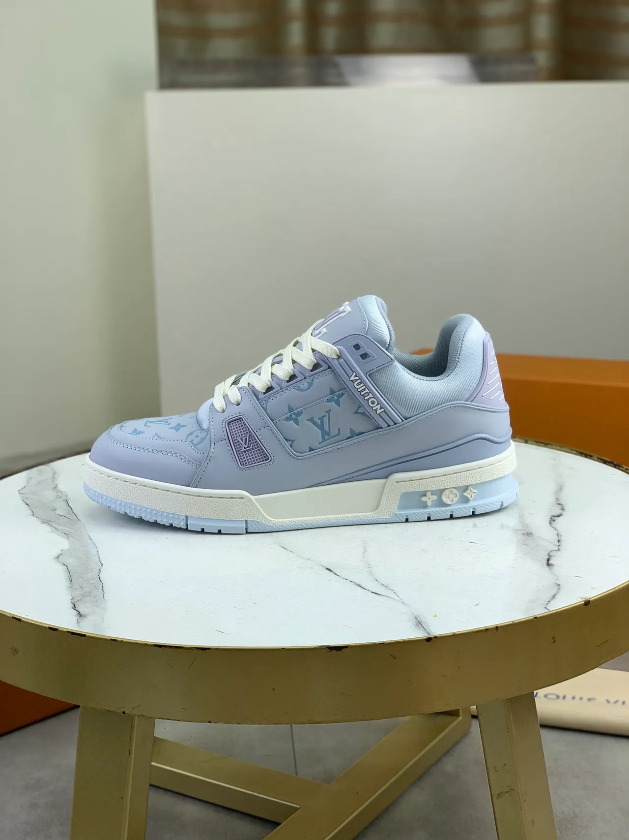 Louis Vuitton LV Trainer Purple White Monogram-Print Leather Upper Structured Side Cage Lifestyle Sneakers