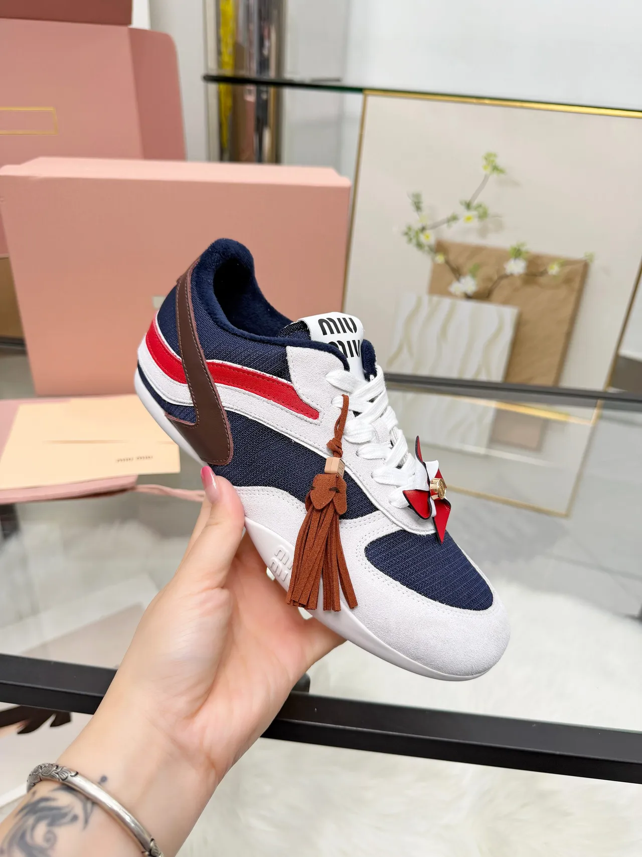 Miu Miu Lifestyle Sneaker White Navy Low-Top Suede And Mesh Upper Lifestyle Sneakers