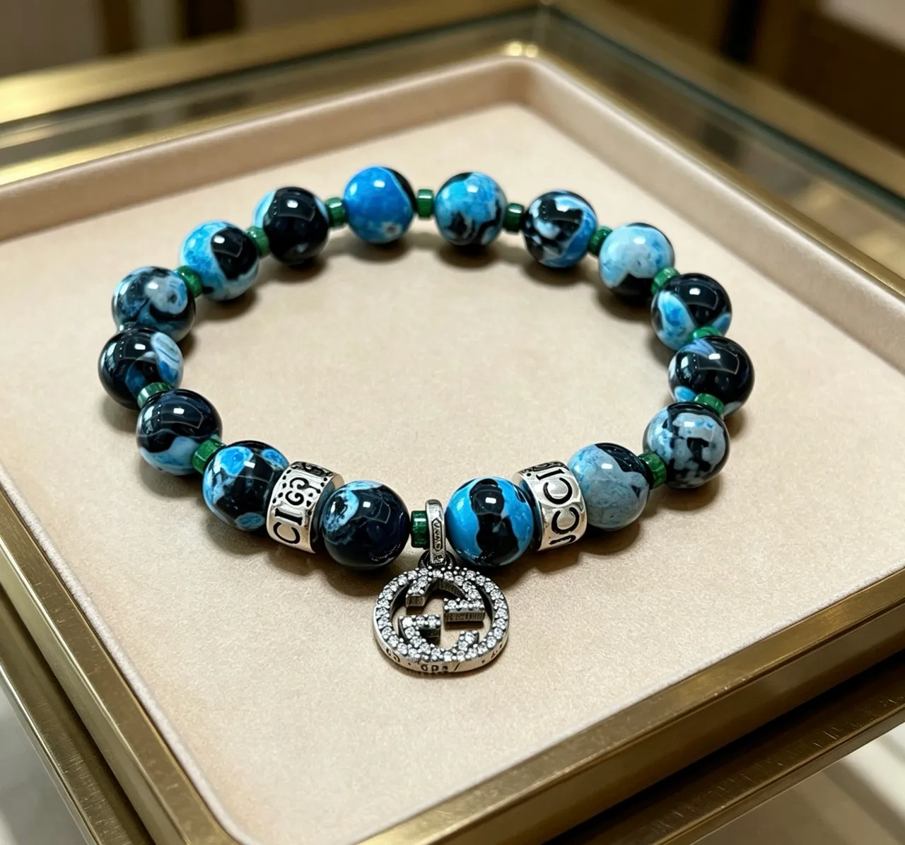 Gucci Blue Black Marbled Agate-Style Beads Pavé Crystal GG Charm Bracelet