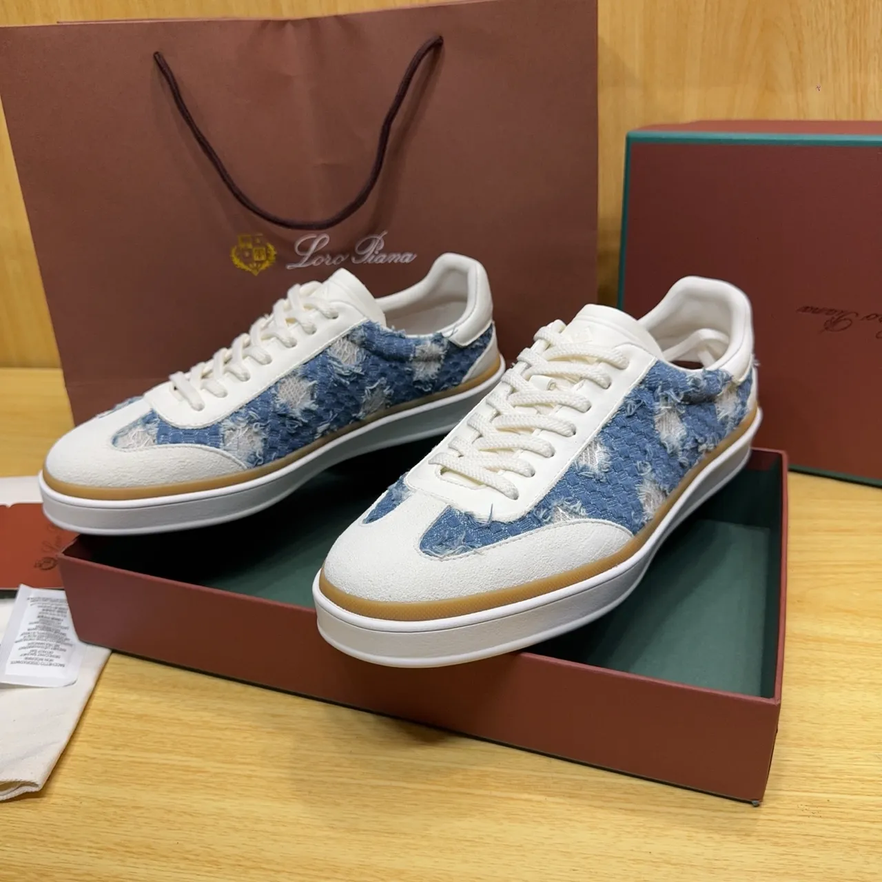 Loro Piana Denim-Textured White and Blue Lifestyle Sneakers