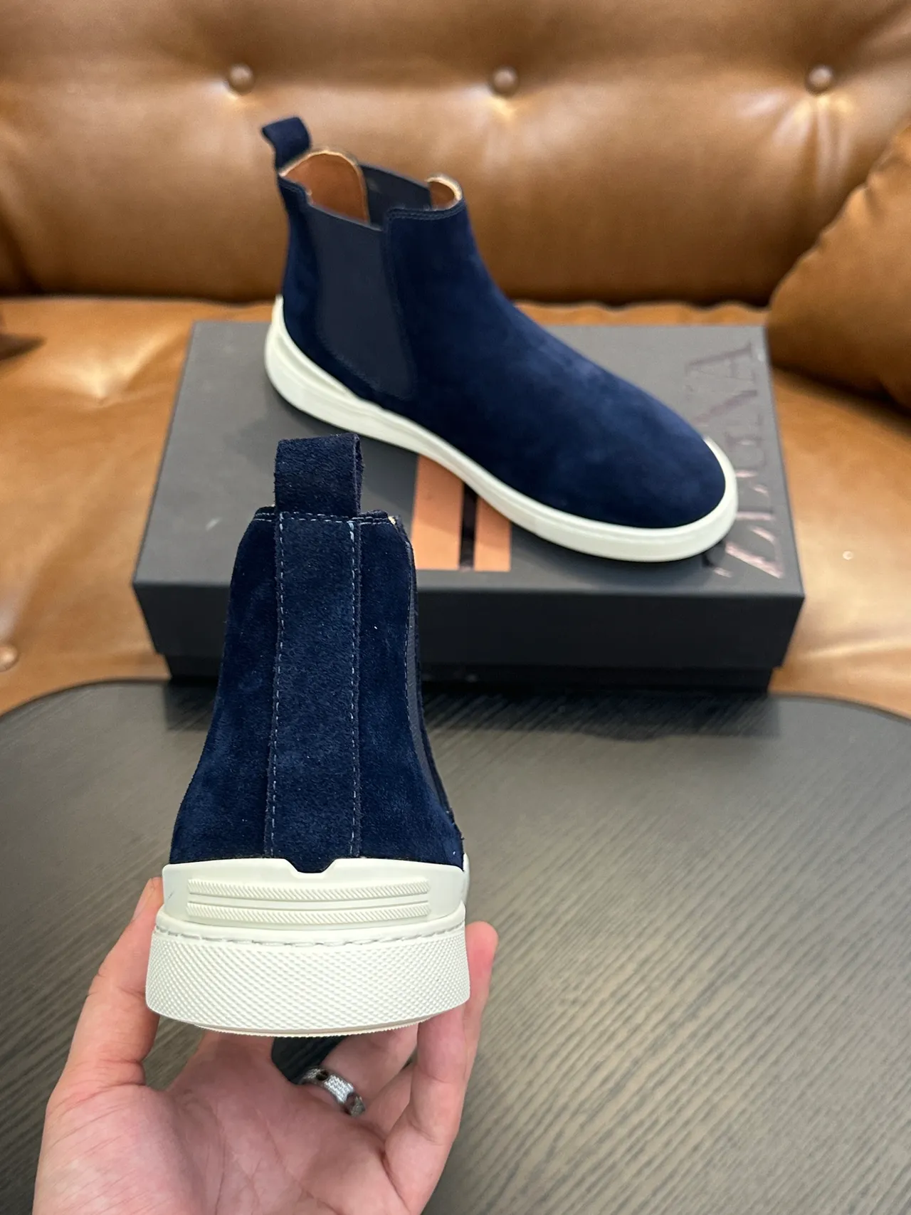 Zegna Navy White Suede Elastic Side Panels Chelsea Boots
