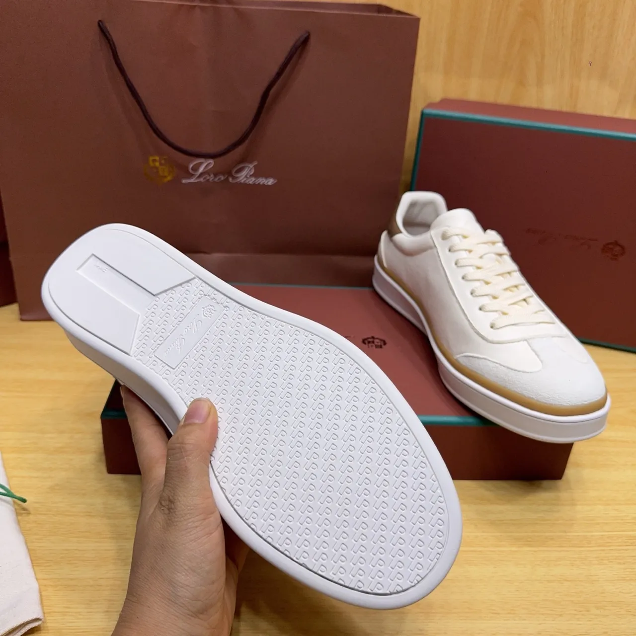 Loro Piana White and Brown Leather Lifestyle Sneakers