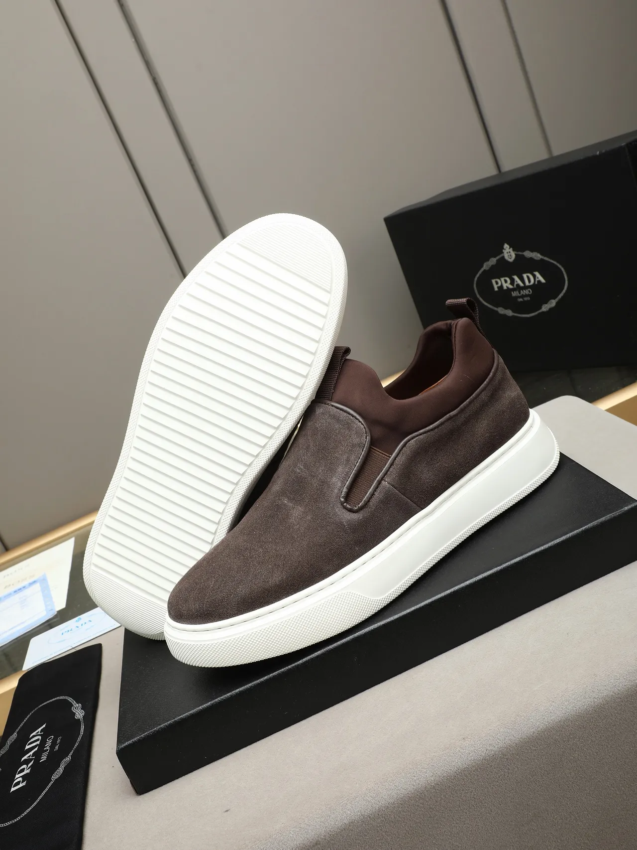 Prada Slip-On Suede Brown White Platform Lifestyle Sneakers