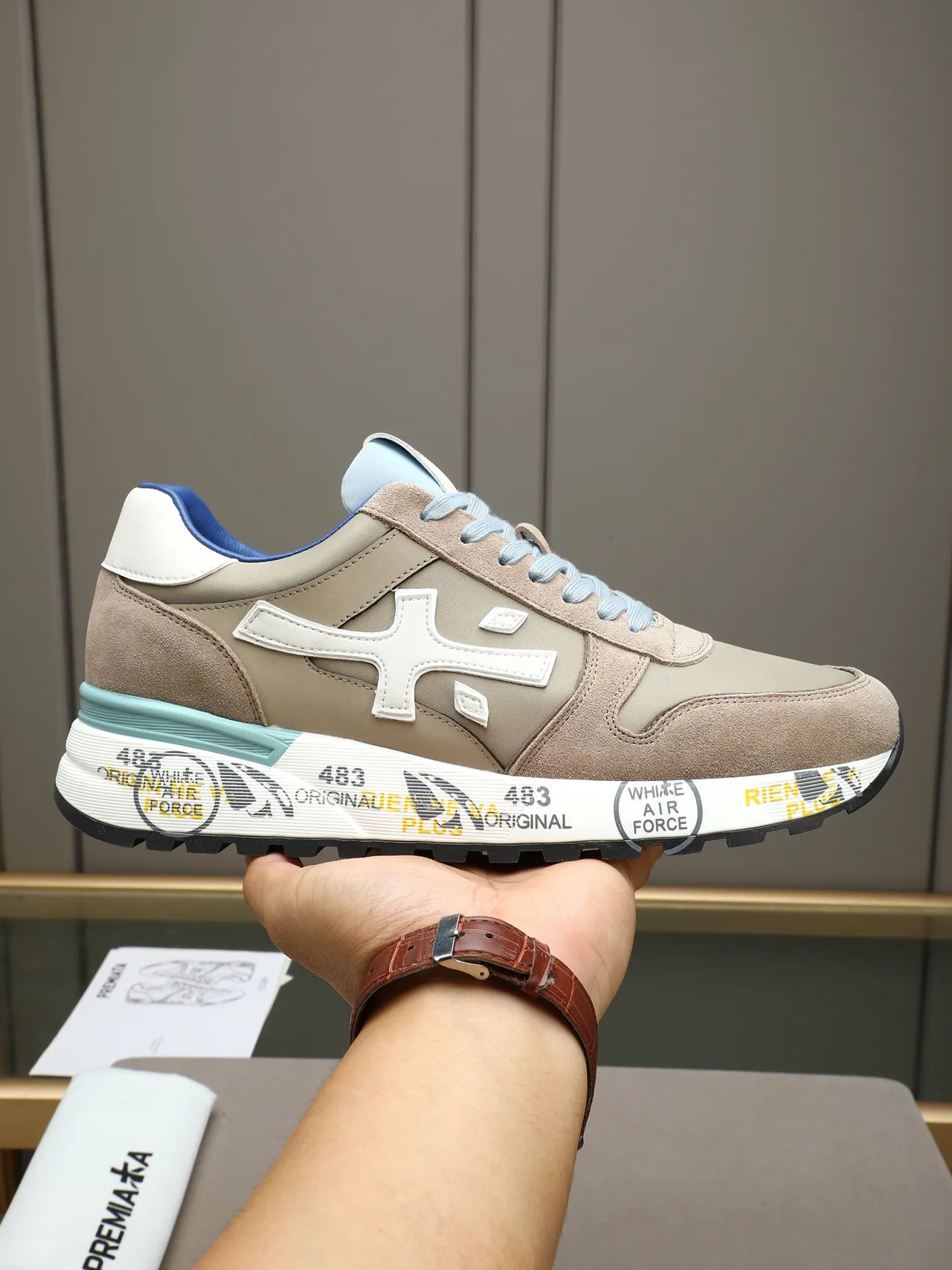 Premiata Beige Blue Retro Runner Silhouette Suede And Textile Upper Sneakers