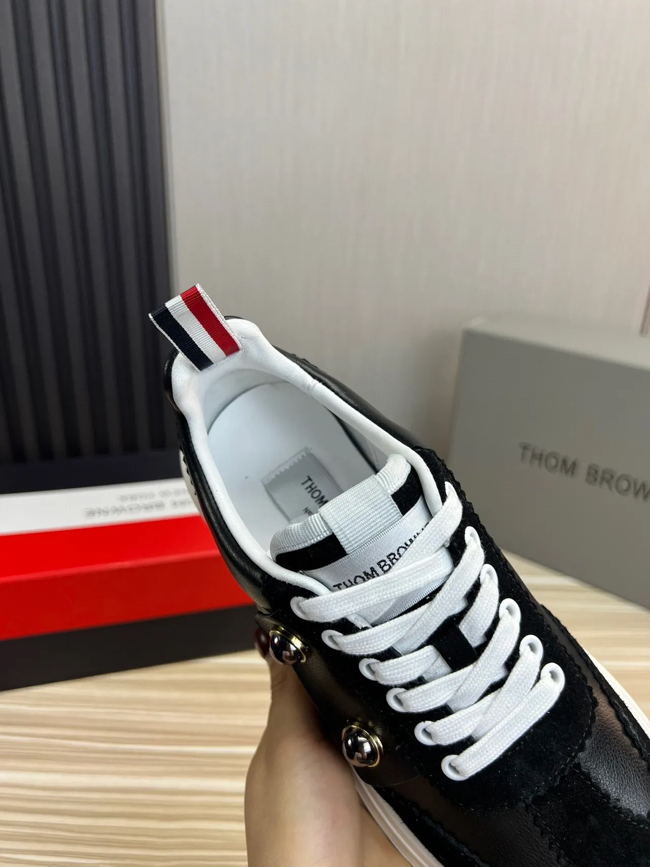 Thom Browne Button Strap Black Suede and Leather Lifestyle Sneaker